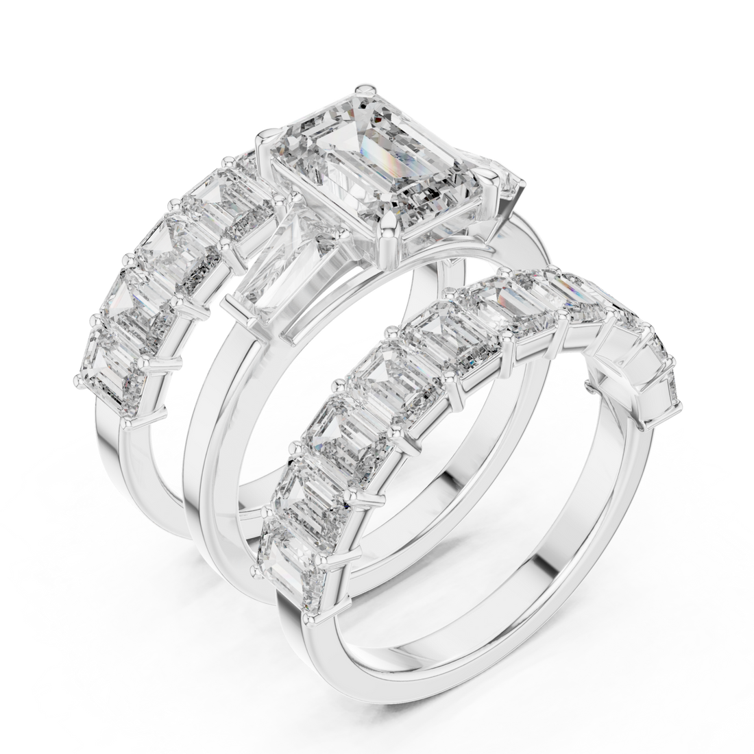 Emerald three-stone bridal ring set white gold front view