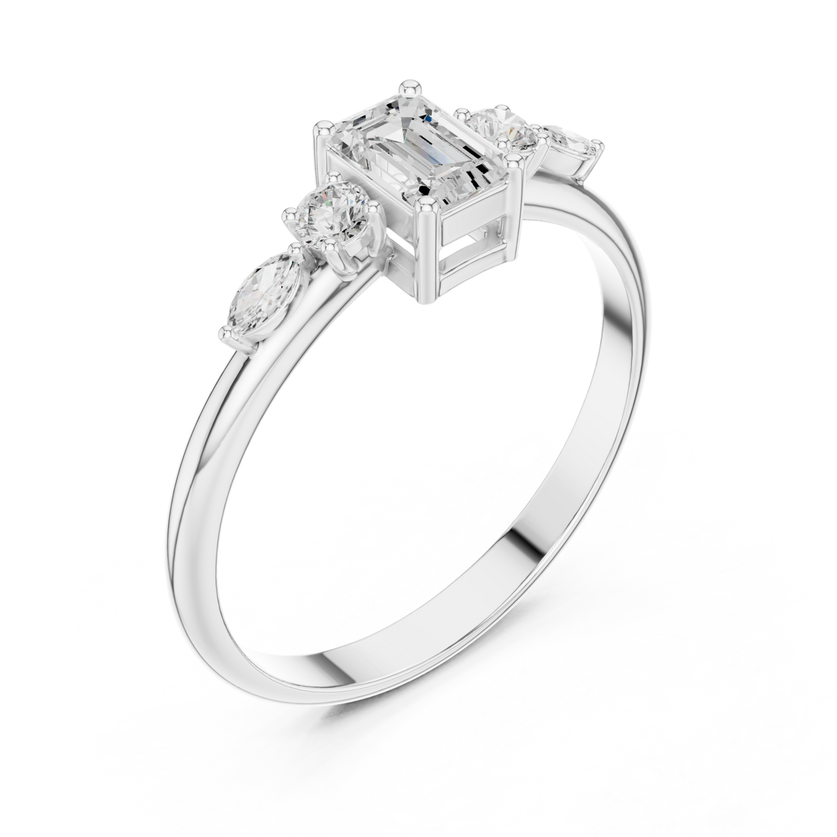 Emerald three stone marquise accent ring white gold front view