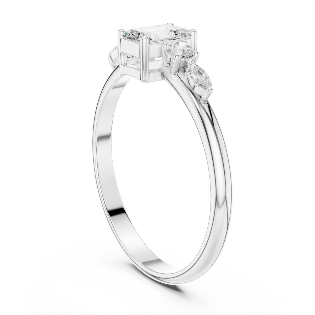 Emerald three stone marquise accent ring white gold side view