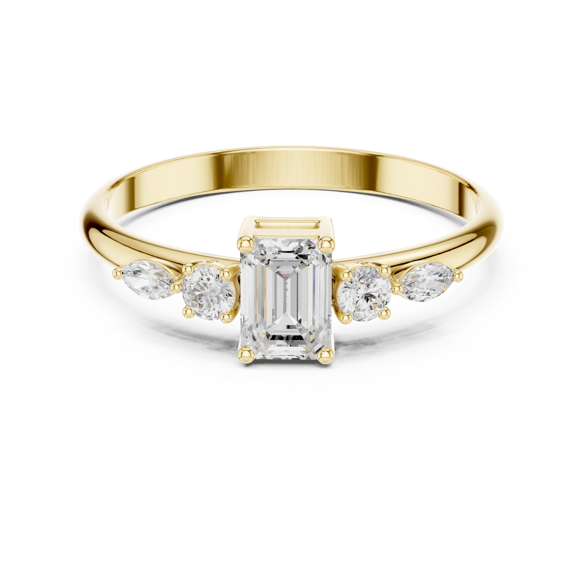 Emerald three stone marquise accent ring yellow gold detail view