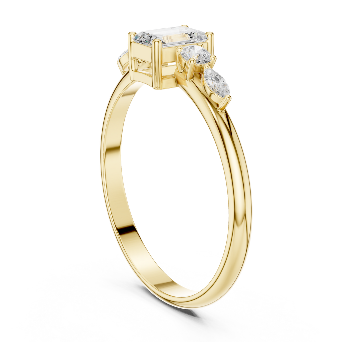Emerald three stone marquise accent ring yellow gold side view