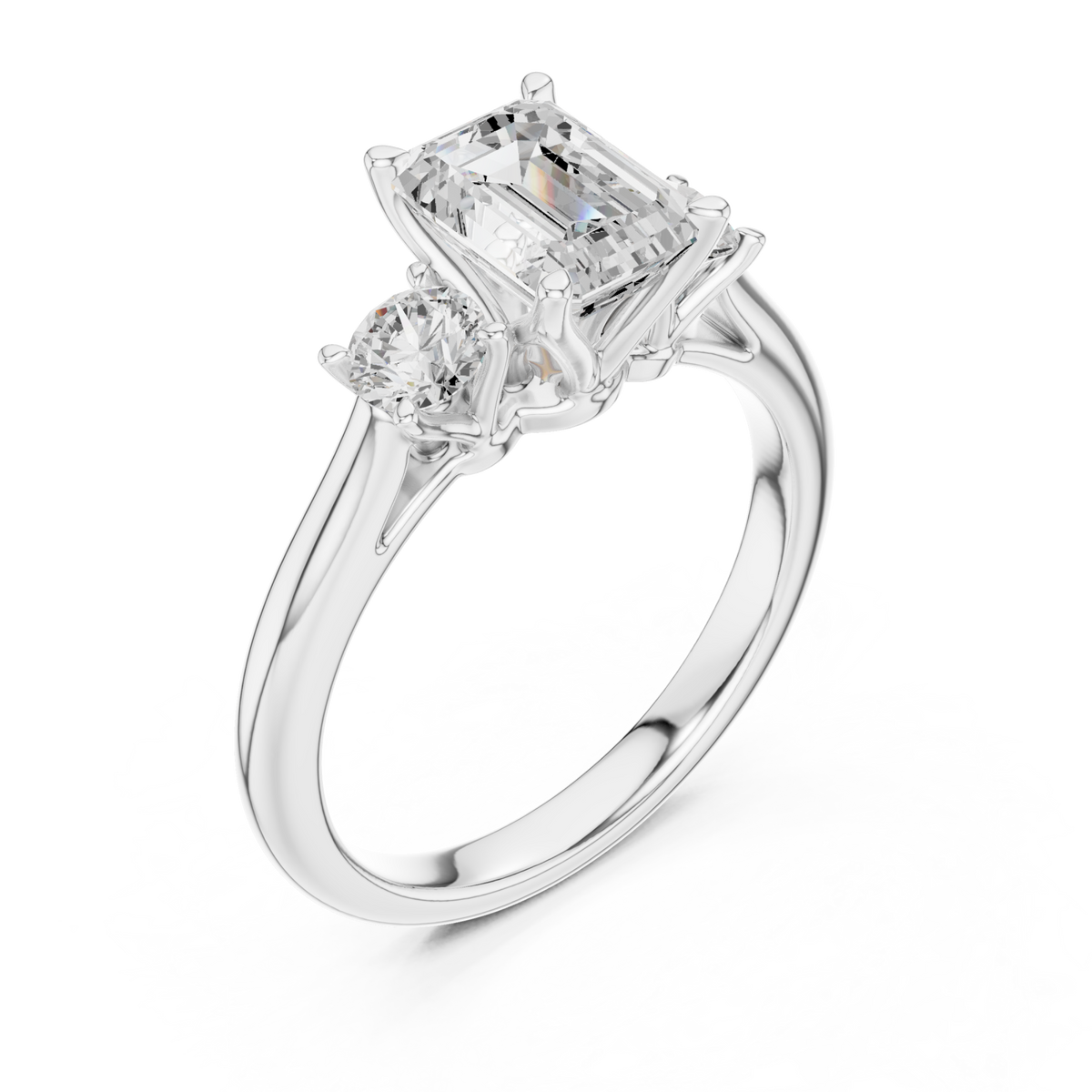 Emerald trellis three stone engagement ring white gold angle view