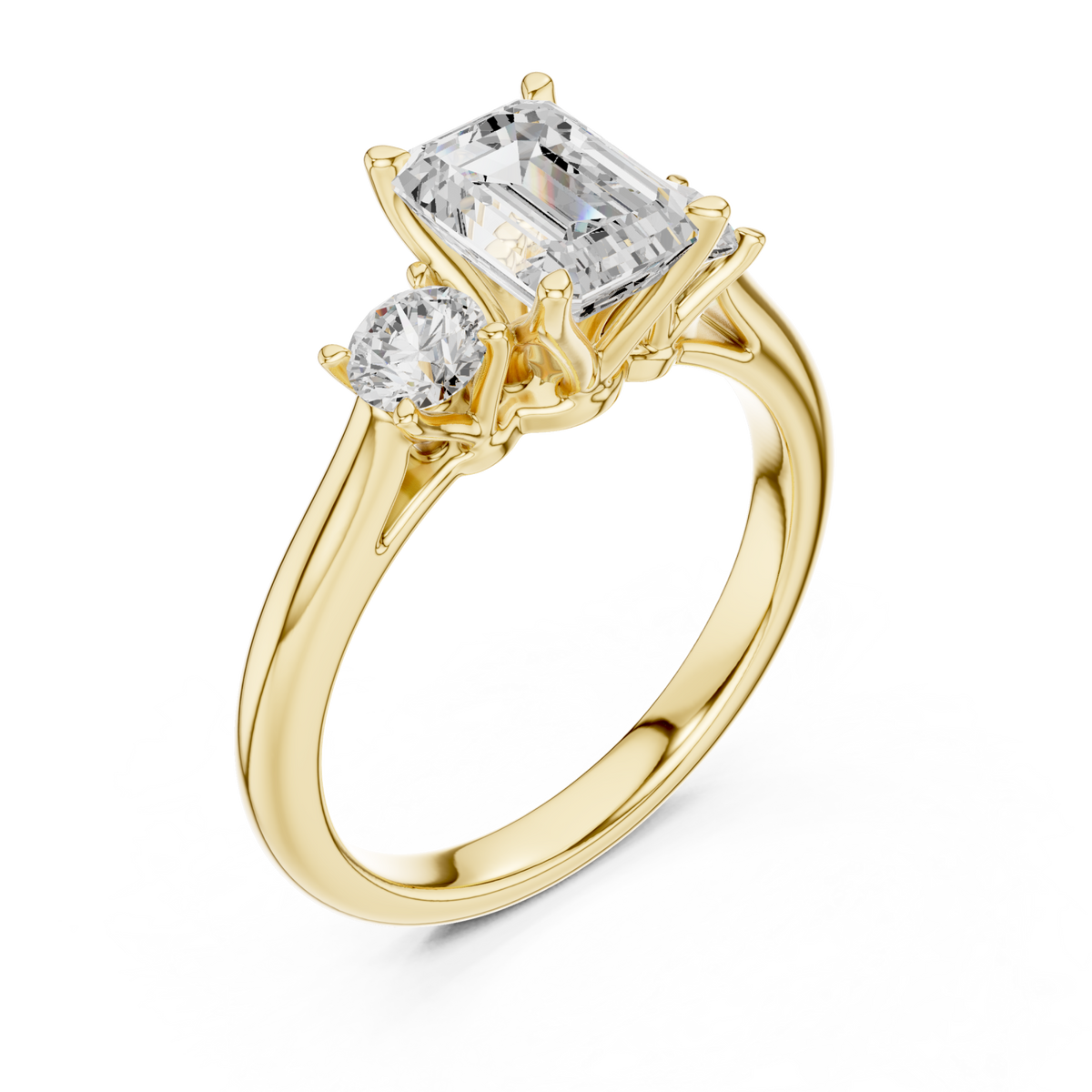 Emerald trellis three stone engagement ring yellow gold angle view