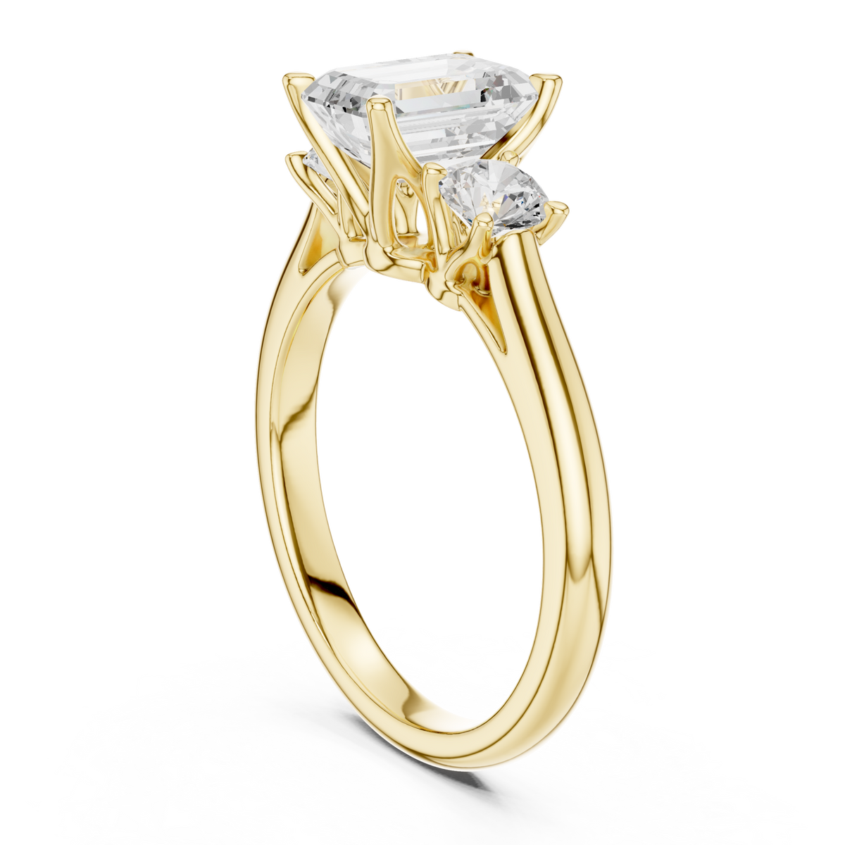 Emerald trellis three stone engagement ring yellow gold front view