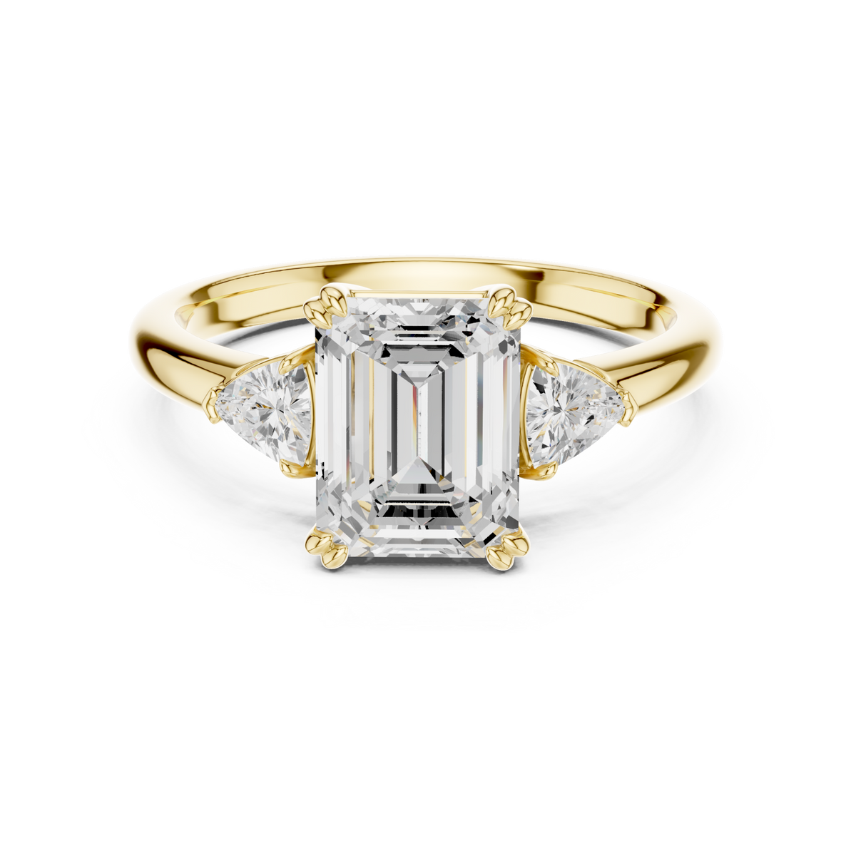 Emerald trillion side three stone engagement ring yellow gold detail view