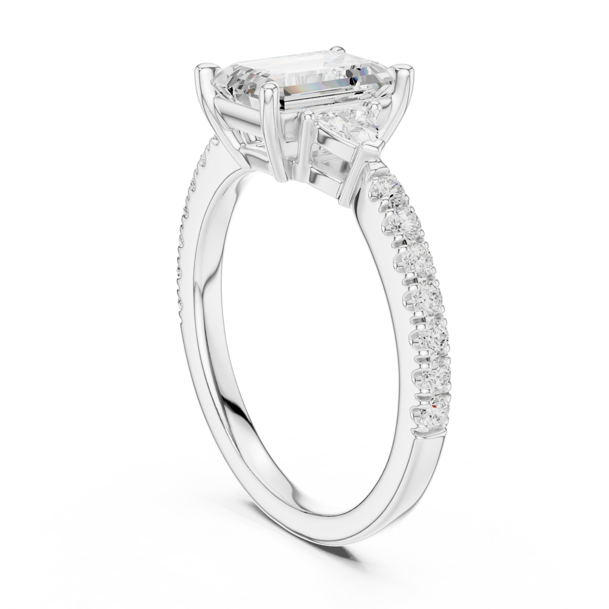 Emerald trillion side three stone pave engagement ring white gold front view