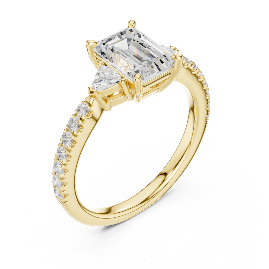 Emerald trillion side three stone pave engagement ring yellow gold front view