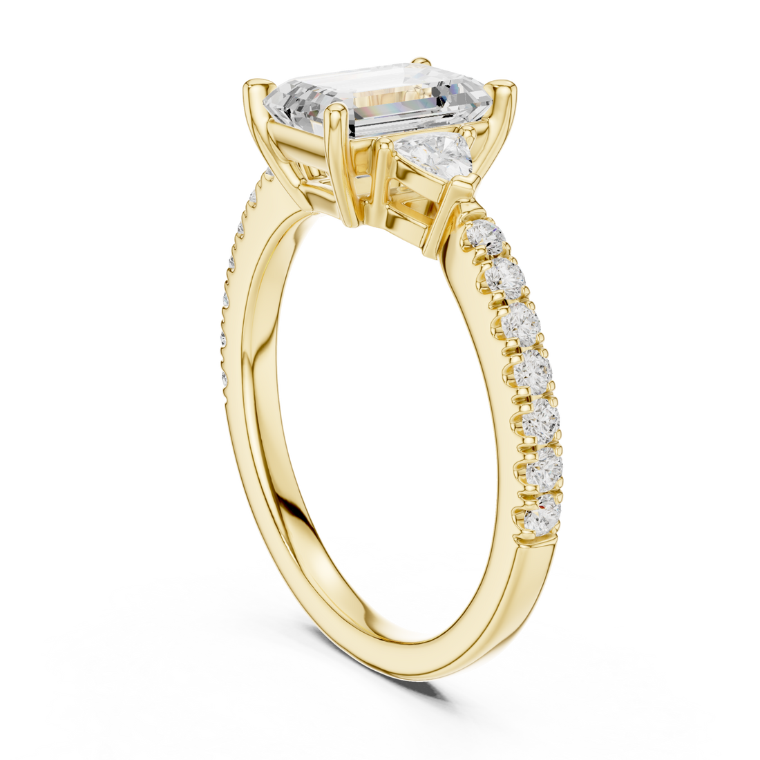 Emerald trillion side three stone pave engagement ring yellow gold front view