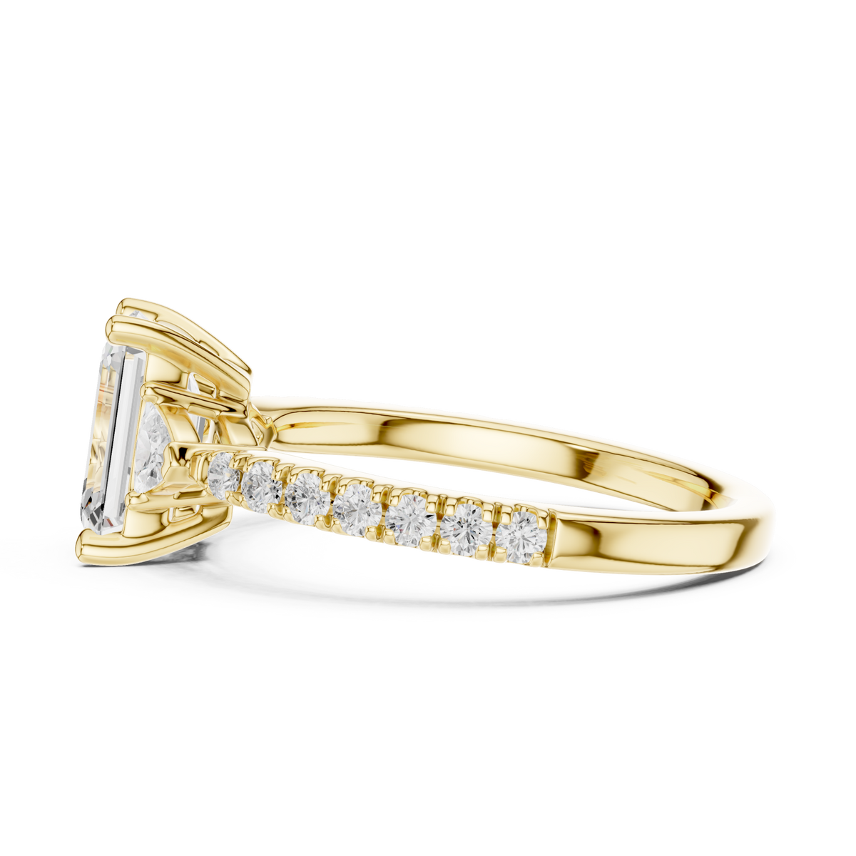 Emerald trillion side three stone pave engagement ring yellow gold side view