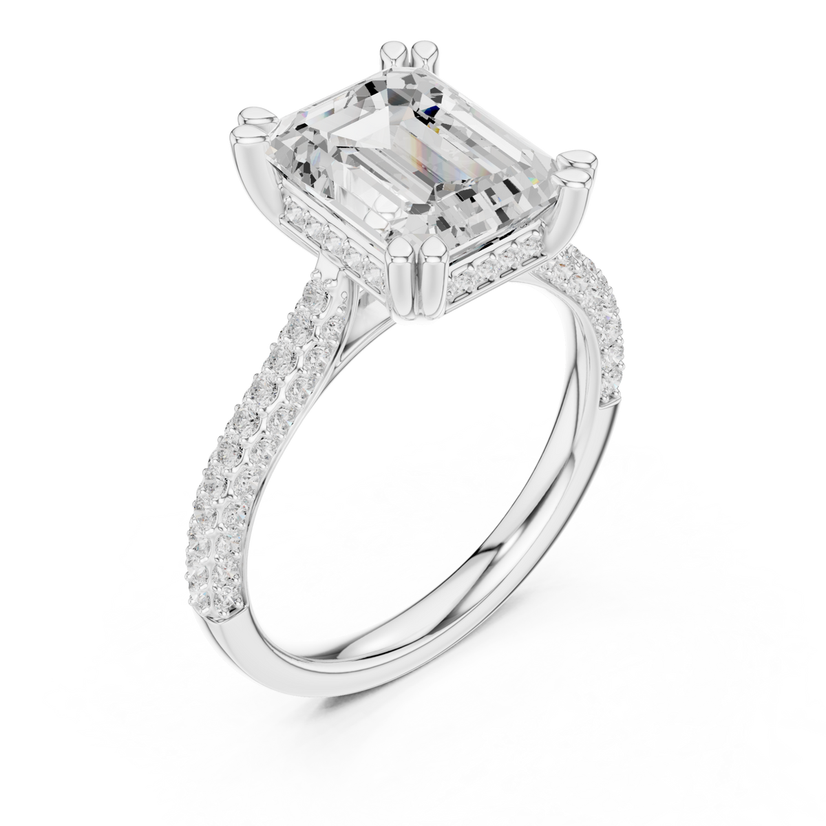Emerald triple-row pave engagement ring white gold angle view