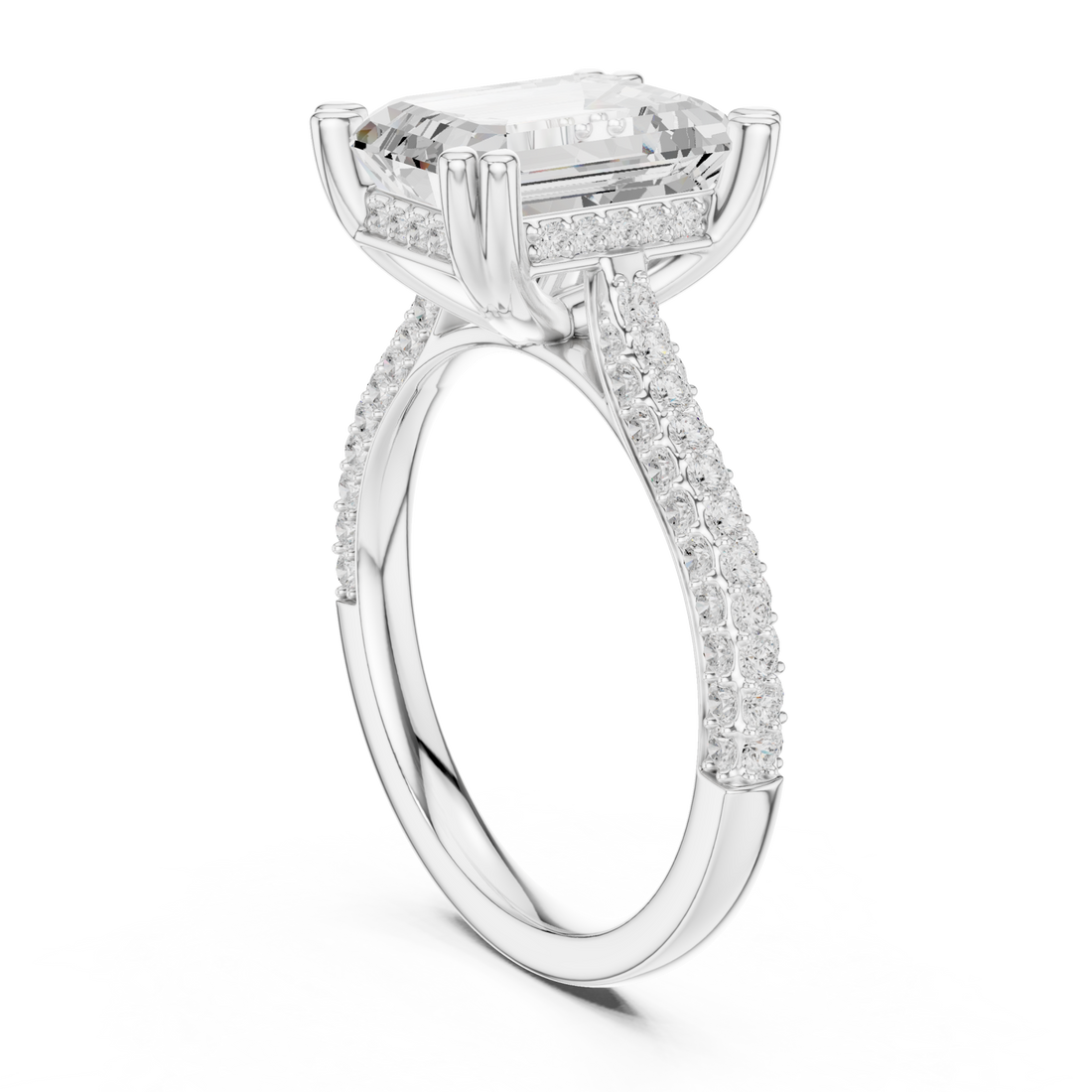 Emerald triple-row pave engagement ring white gold front view