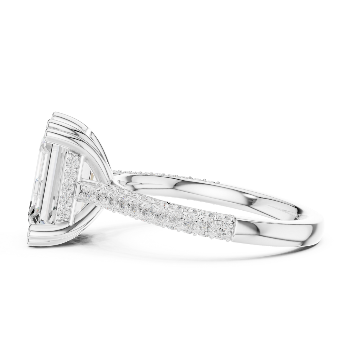 Emerald triple-row pave engagement ring white gold side view