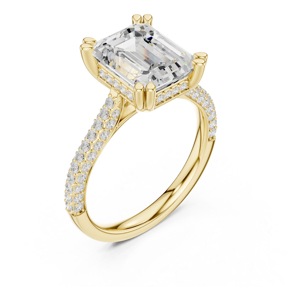 Emerald triple-row pave engagement ring yellow gold angle view