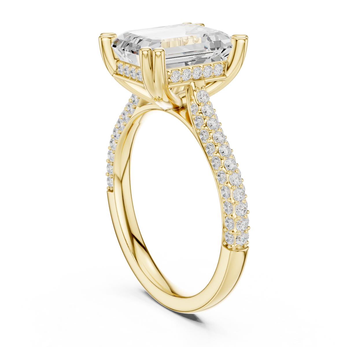 Emerald triple-row pave engagement ring yellow gold front view