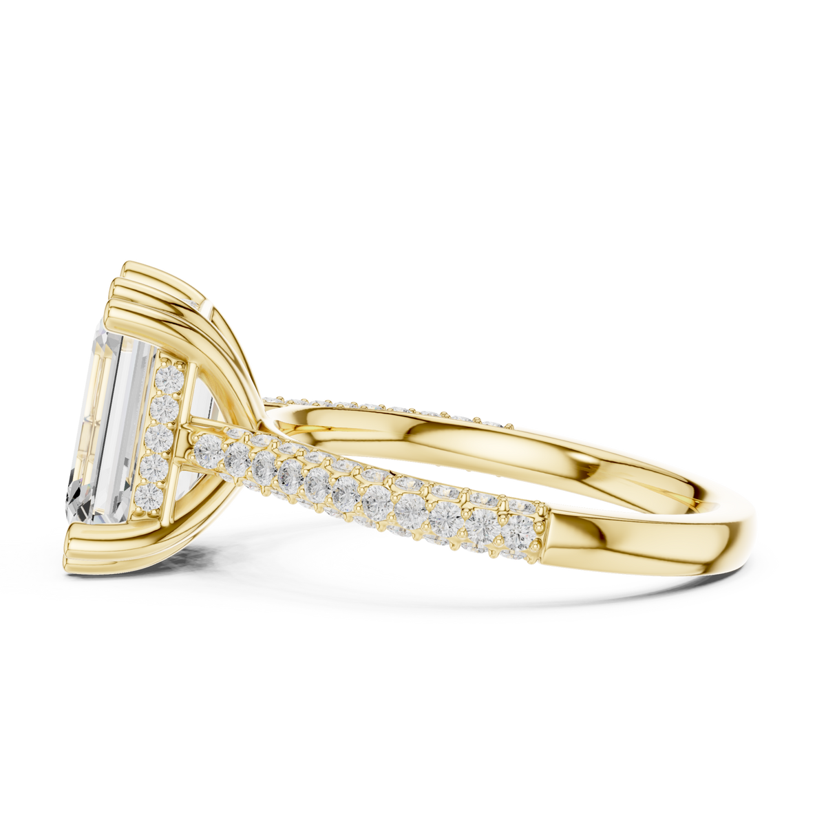 Emerald triple-row pave engagement ring yellow gold side view