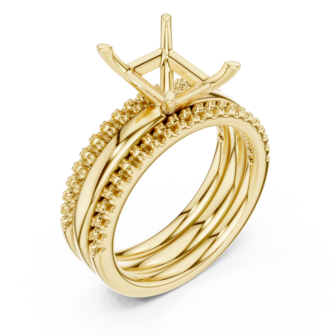 Emerald triple stack pave bridal set yellow gold front view