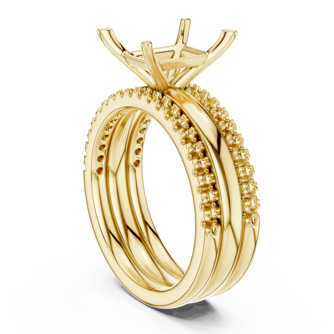 Emerald triple stack pave bridal set yellow gold front view
