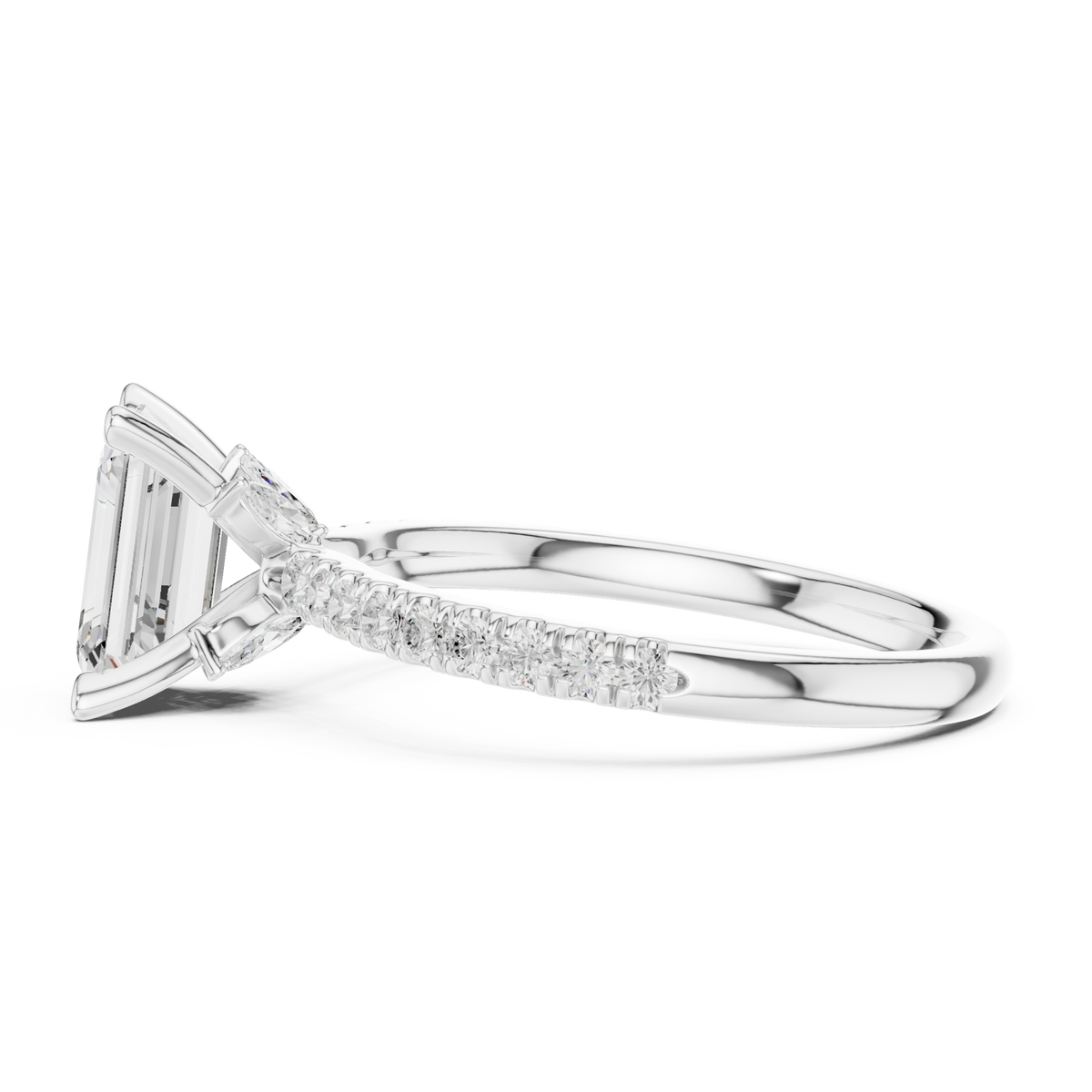 Emerald tulip basket pave engagement ring white gold side view