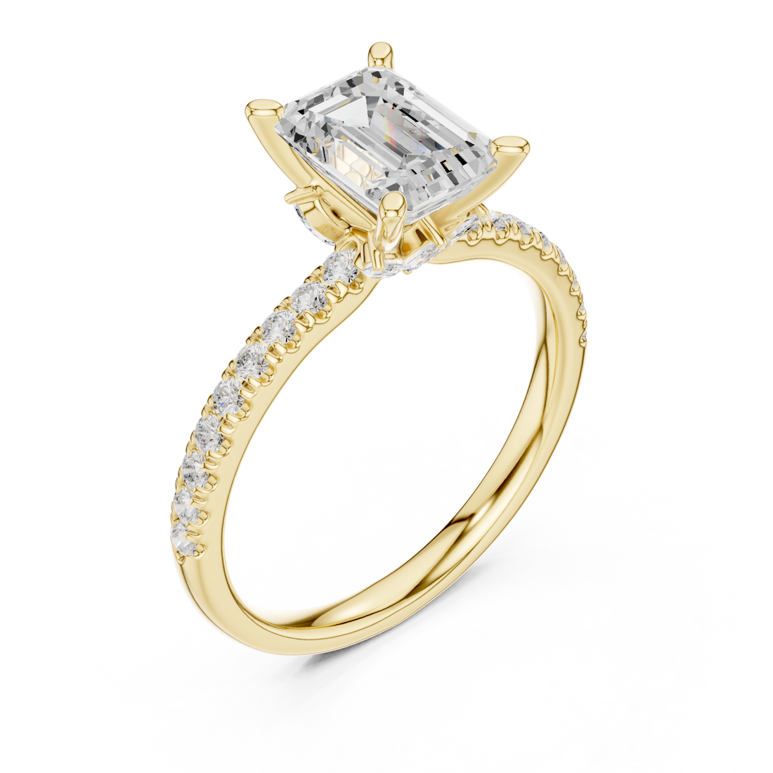 Emerald tulip basket pave engagement ring yellow gold front view