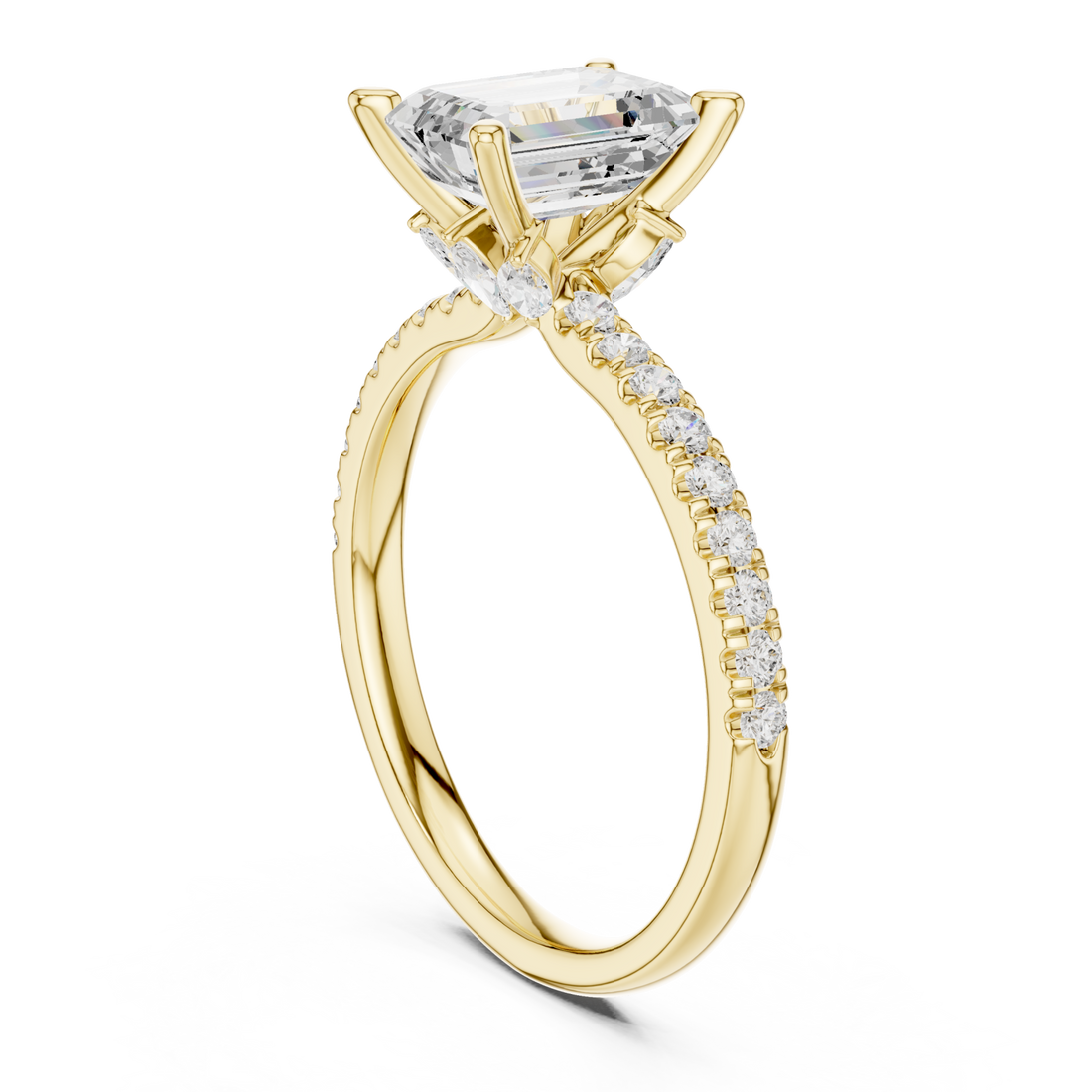 Emerald tulip basket pave engagement ring yellow gold front view