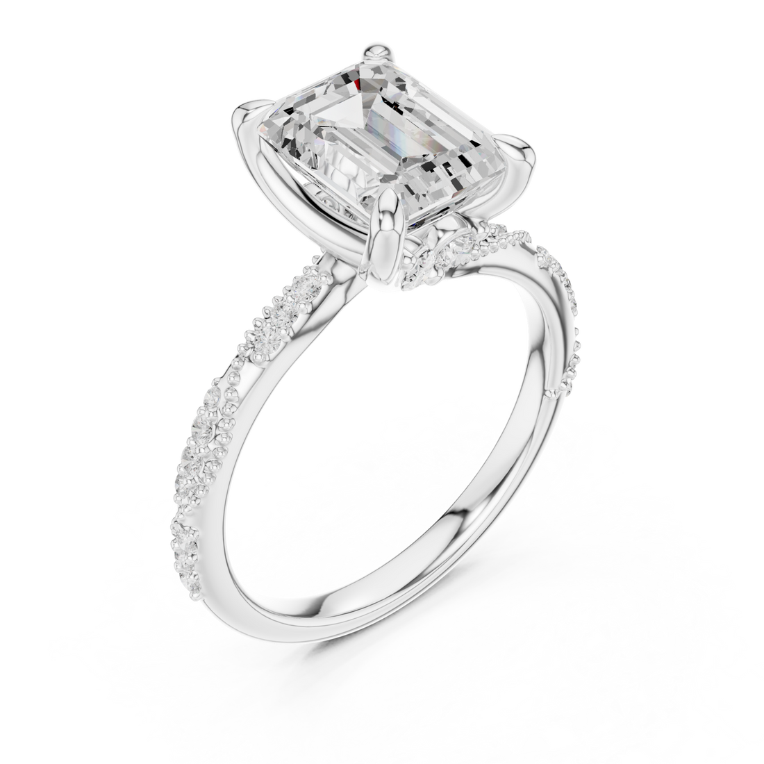 Emerald twist pave engagement ring white gold front view