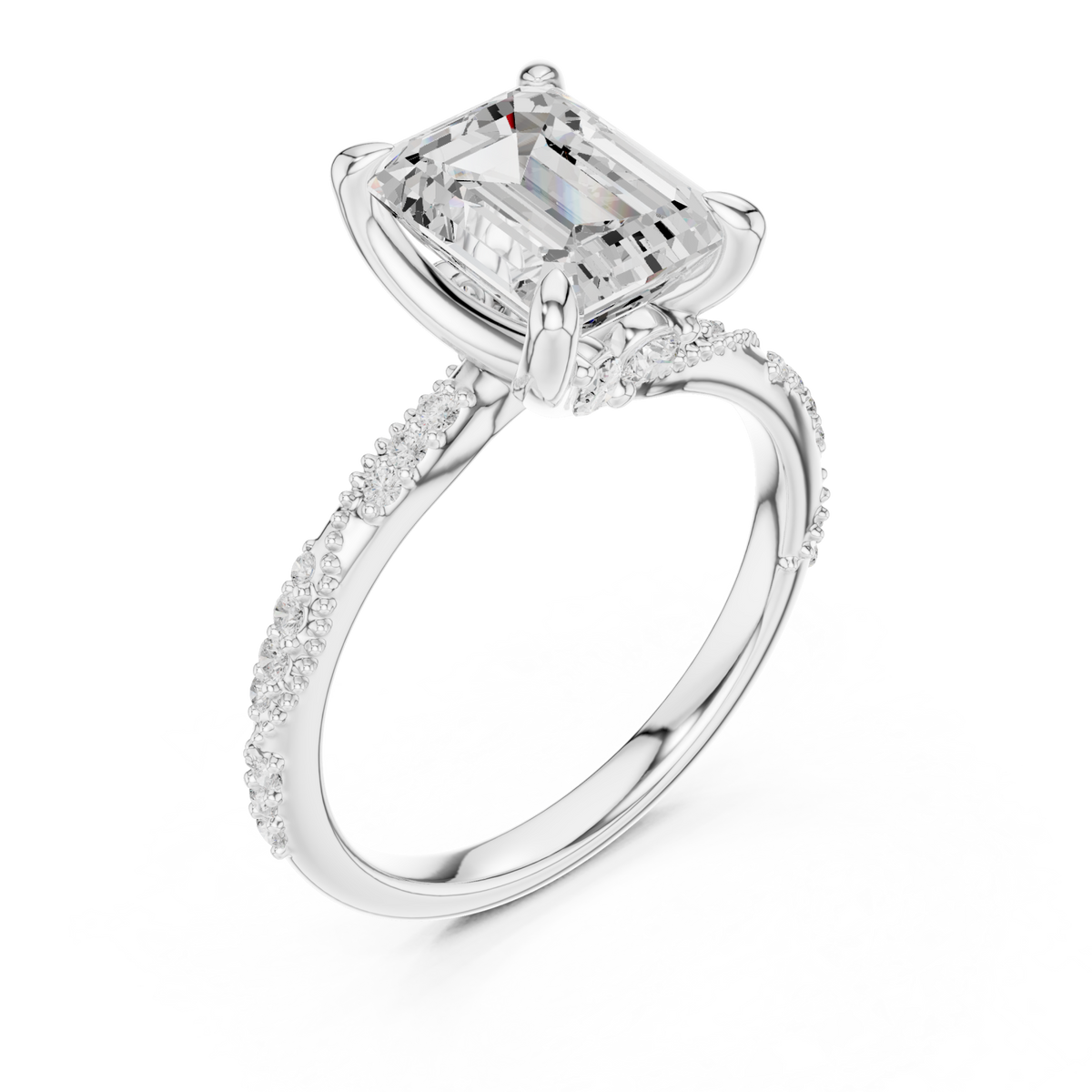 Emerald twist pave engagement ring white gold angle view