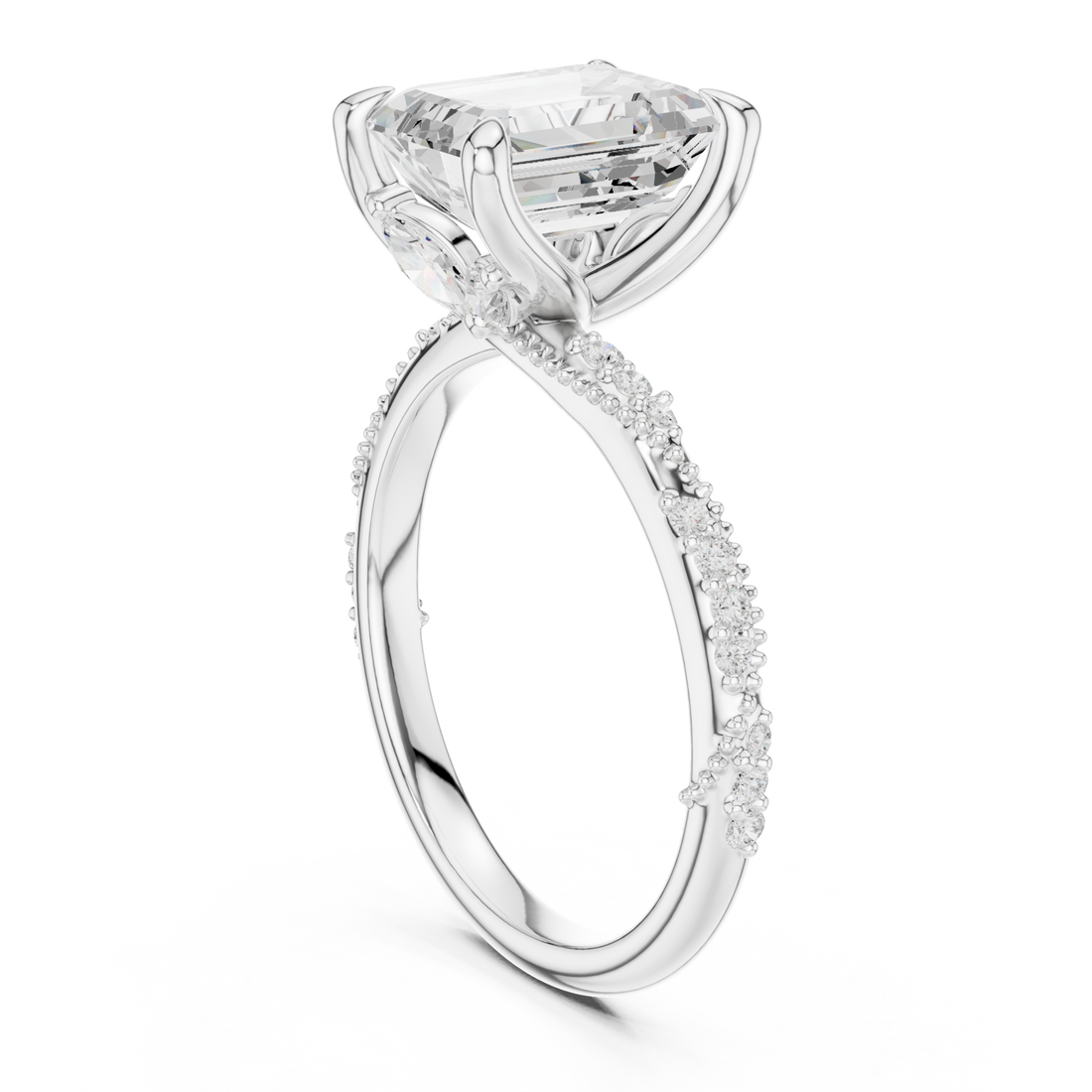 Emerald twist pave engagement ring white gold front view