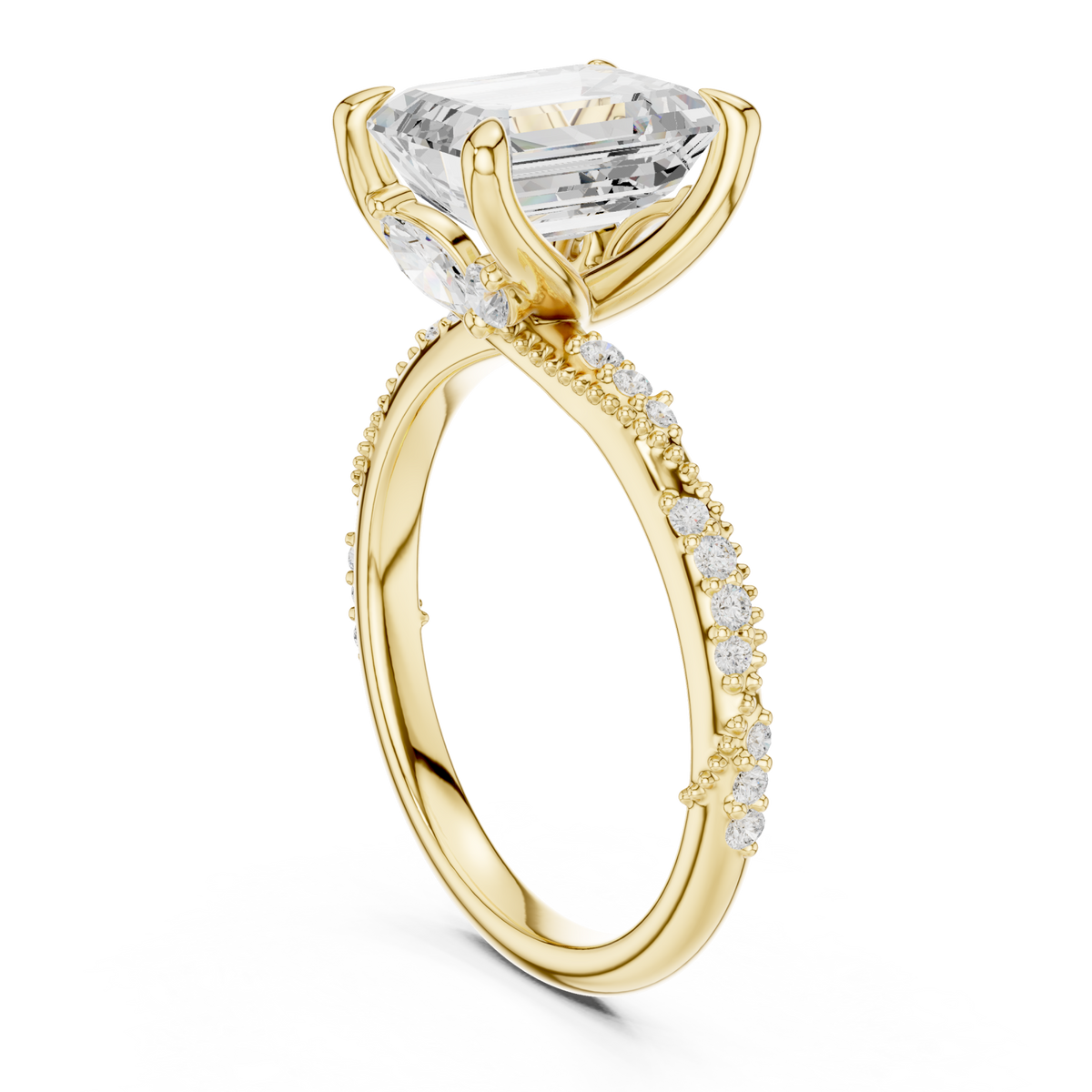 Emerald twist pave engagement ring yellow gold front view