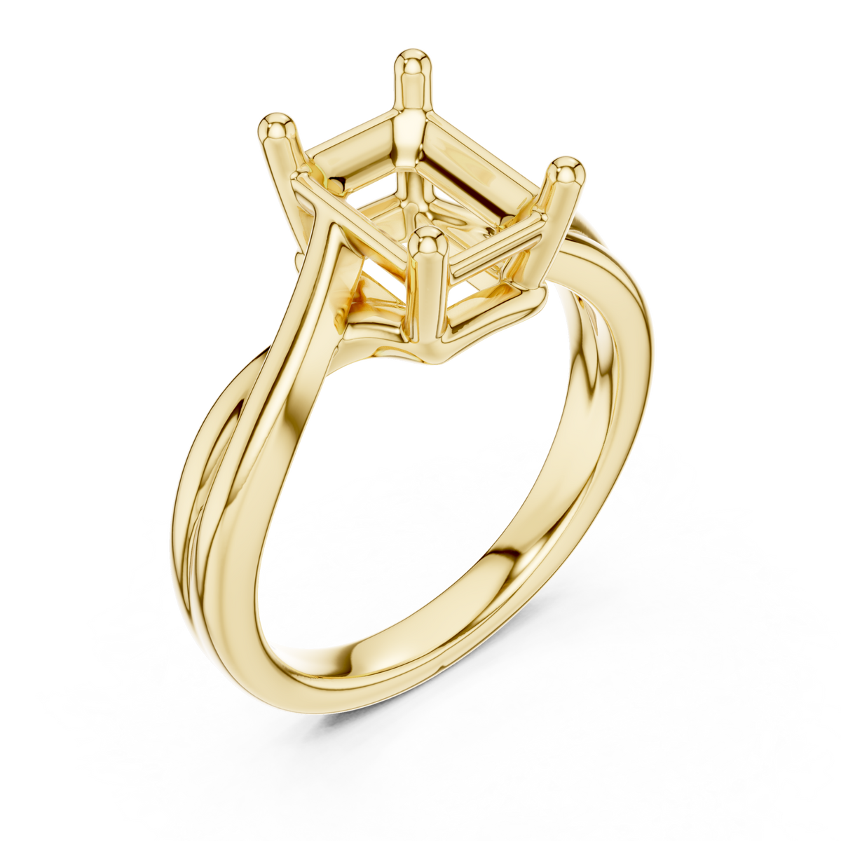 Emerald twist solitaire engagement ring yellow gold angle view