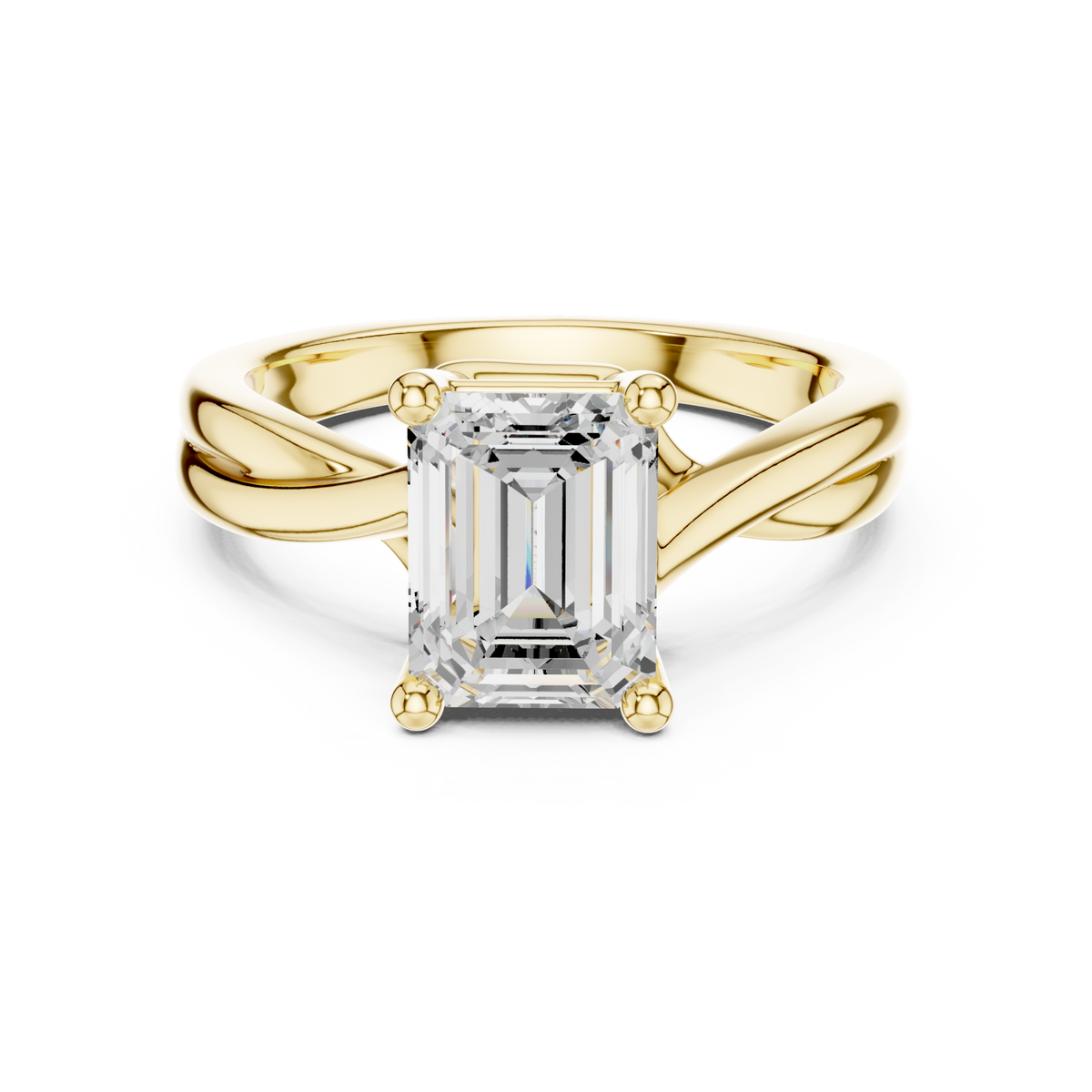Emerald twist solitaire engagement ring yellow gold detail view