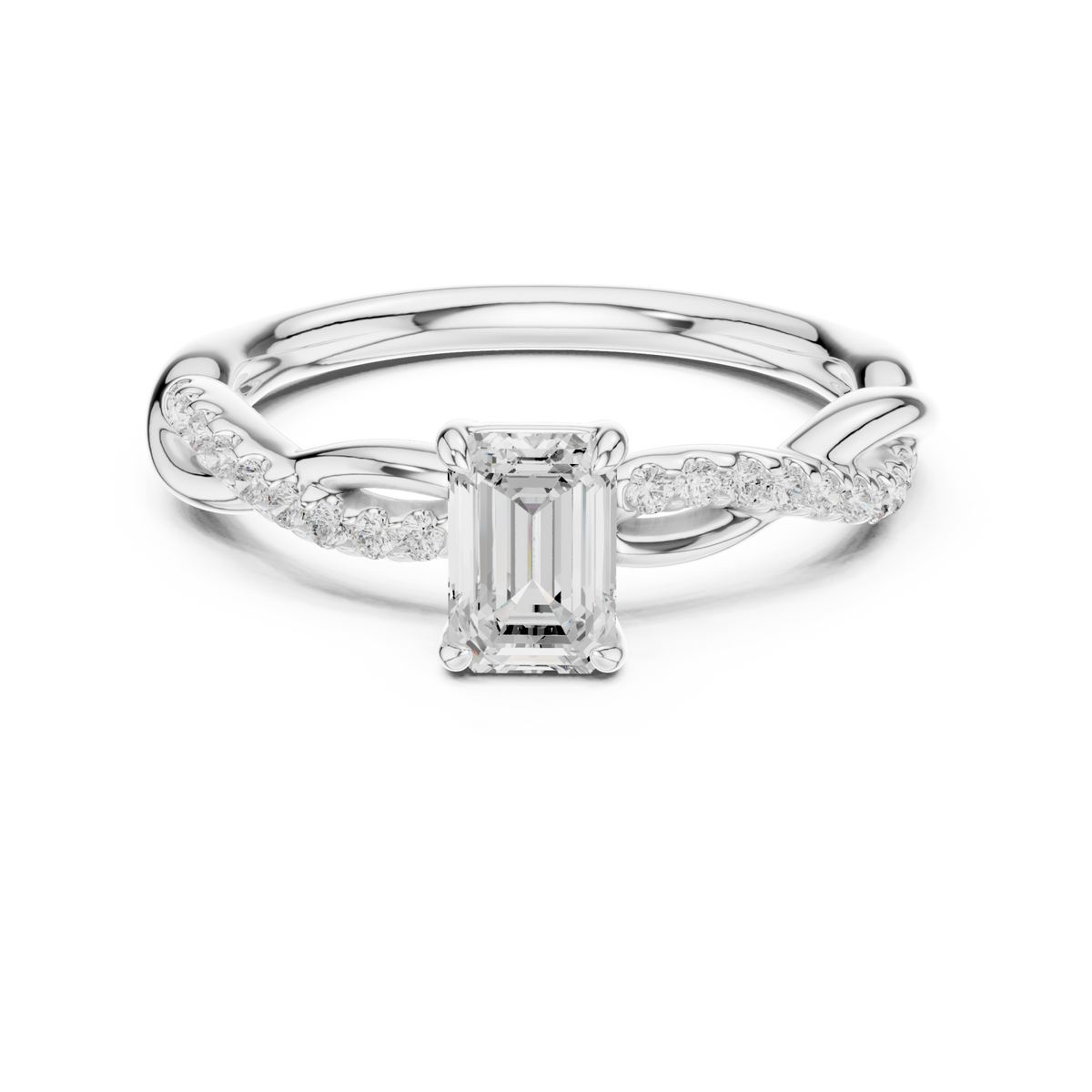 Emerald twisted vine engagement ring white gold detail view