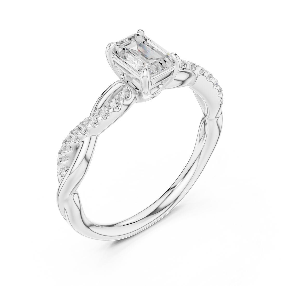 Emerald twisted vine engagement ring white gold front view
