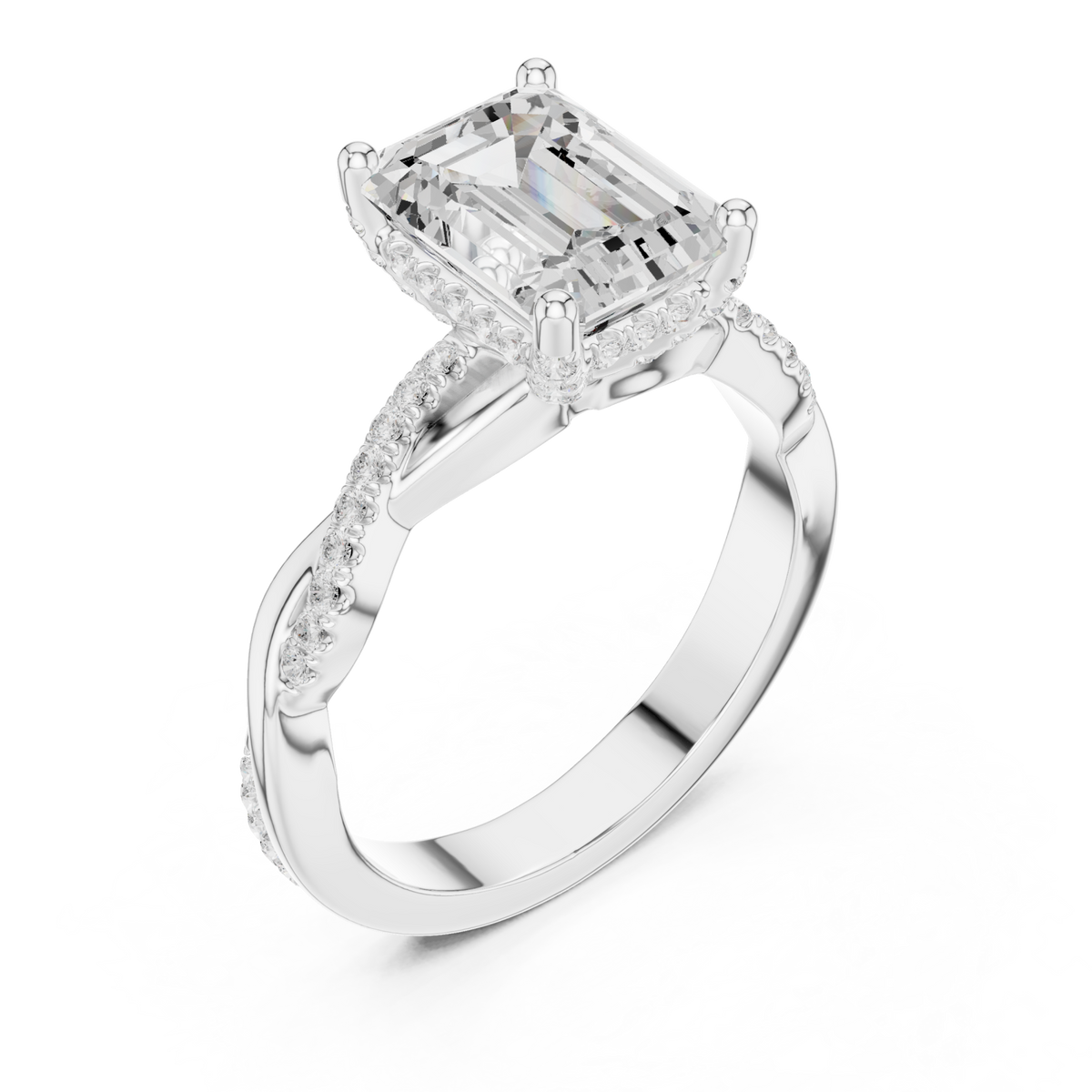 Emerald twisted vine pave engagement ring white gold angle view