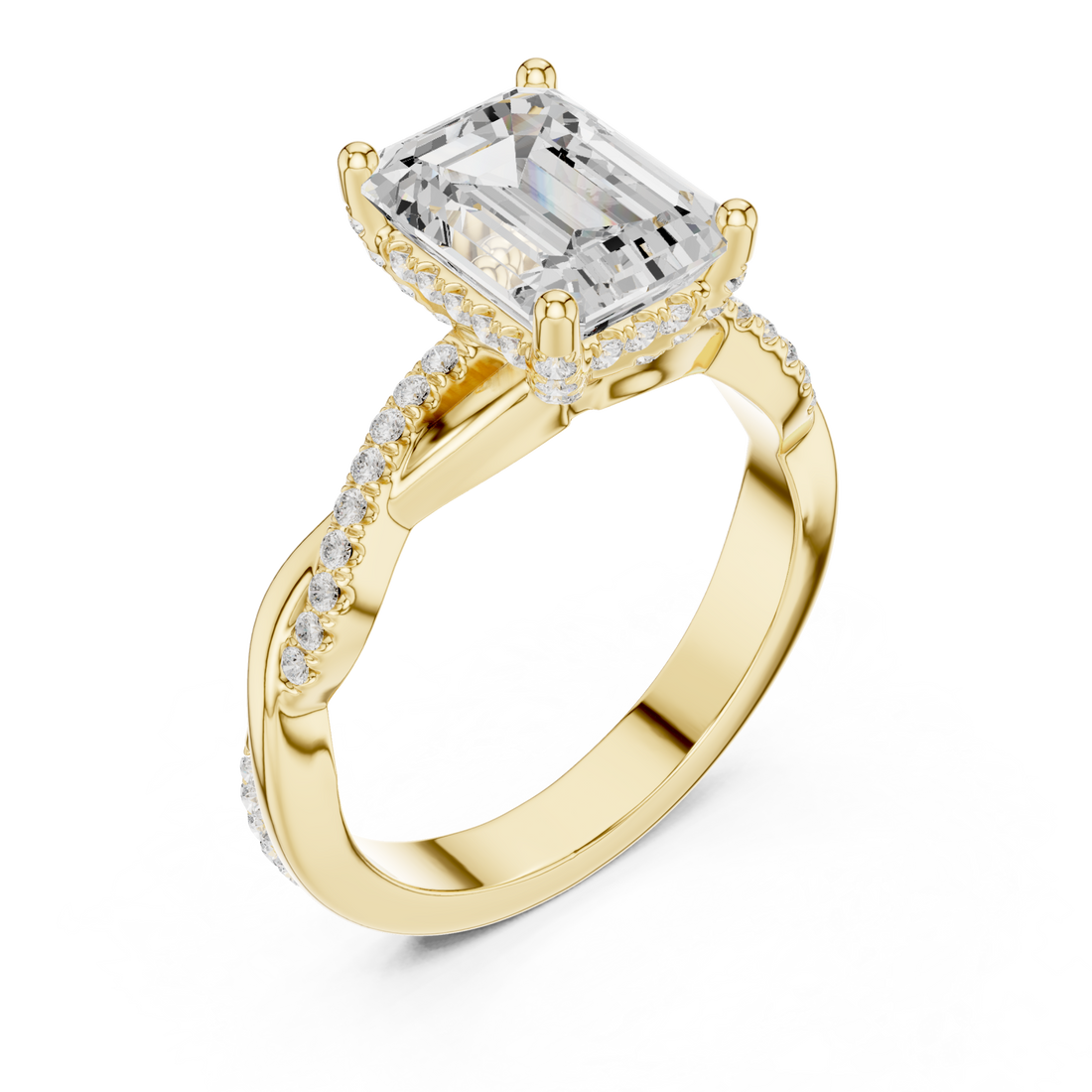 Emerald twisted vine pave engagement ring yellow gold front view