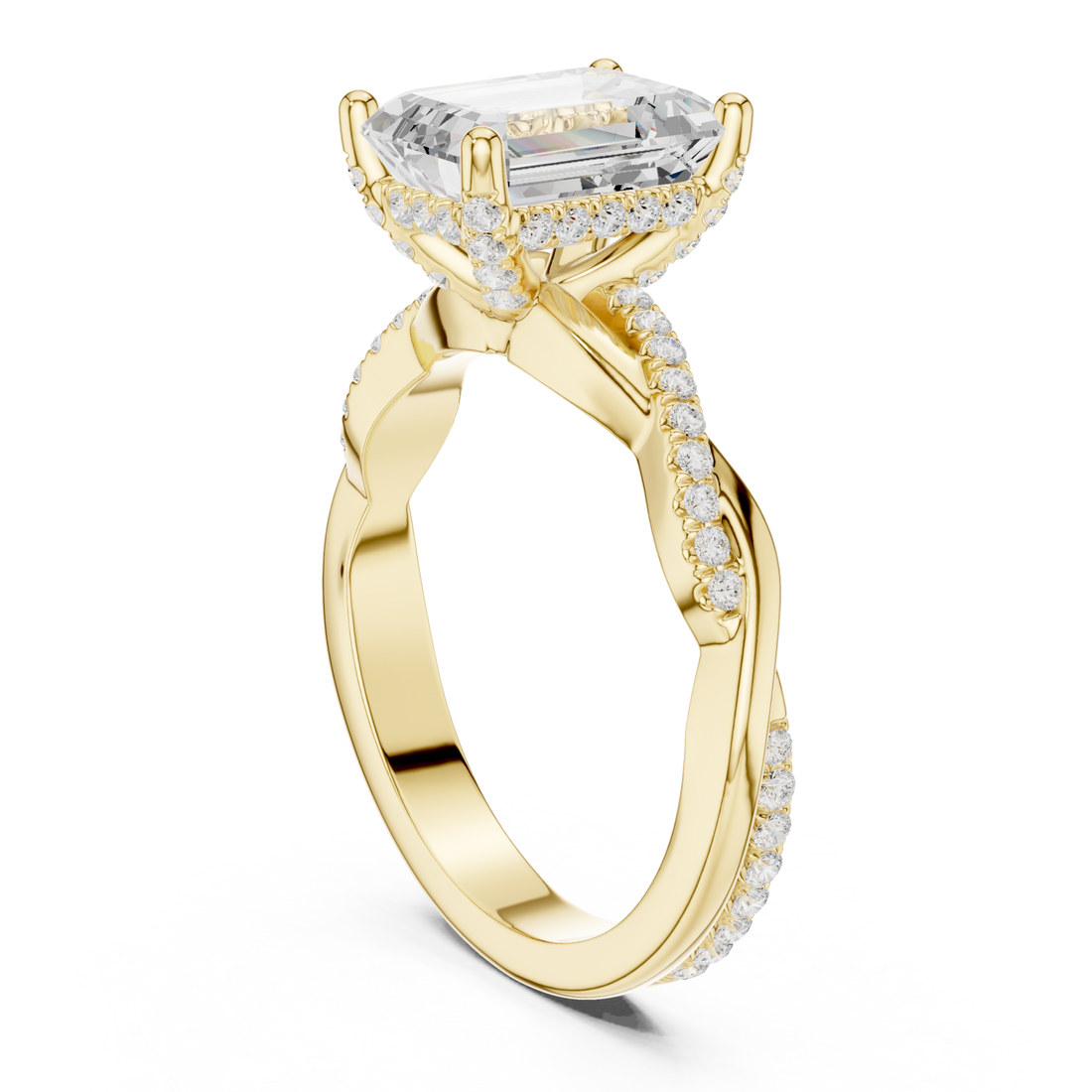 Emerald twisted vine pave engagement ring yellow gold front view