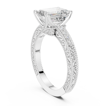 Emerald vintage engraved pave engagement ring white gold front view