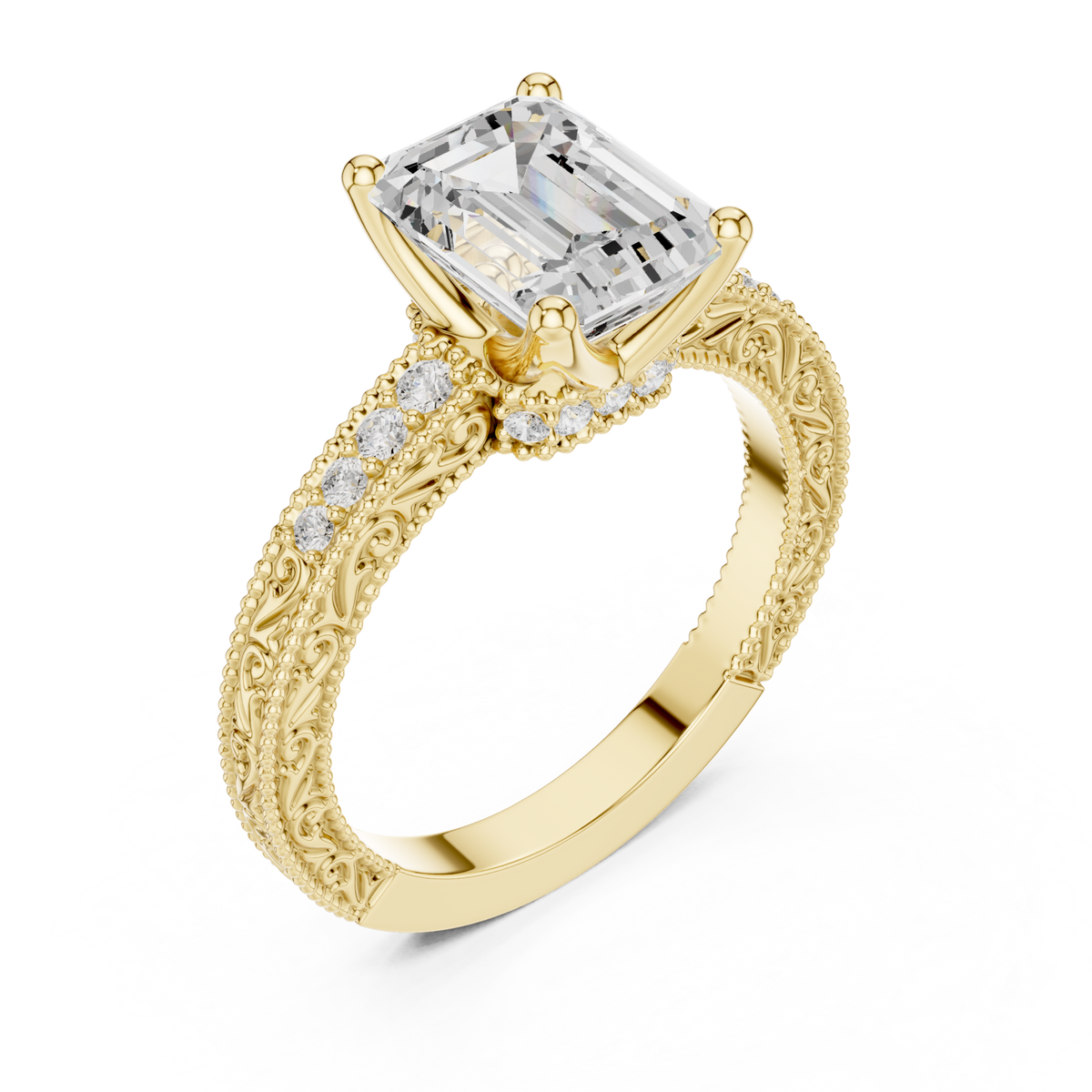 Emerald vintage engraved pave engagement ring yellow gold angle view