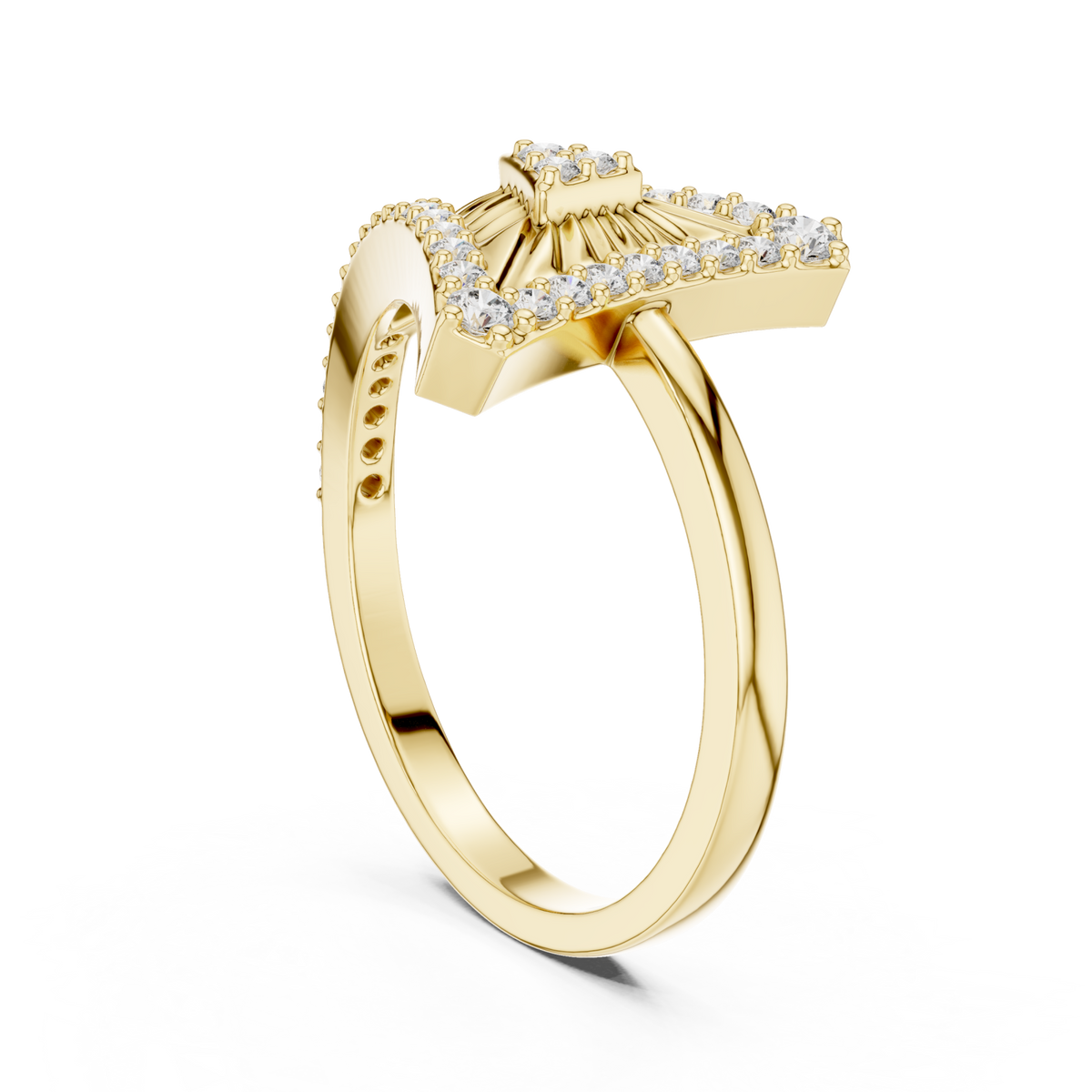 Fan peak pave ring yellow gold side view