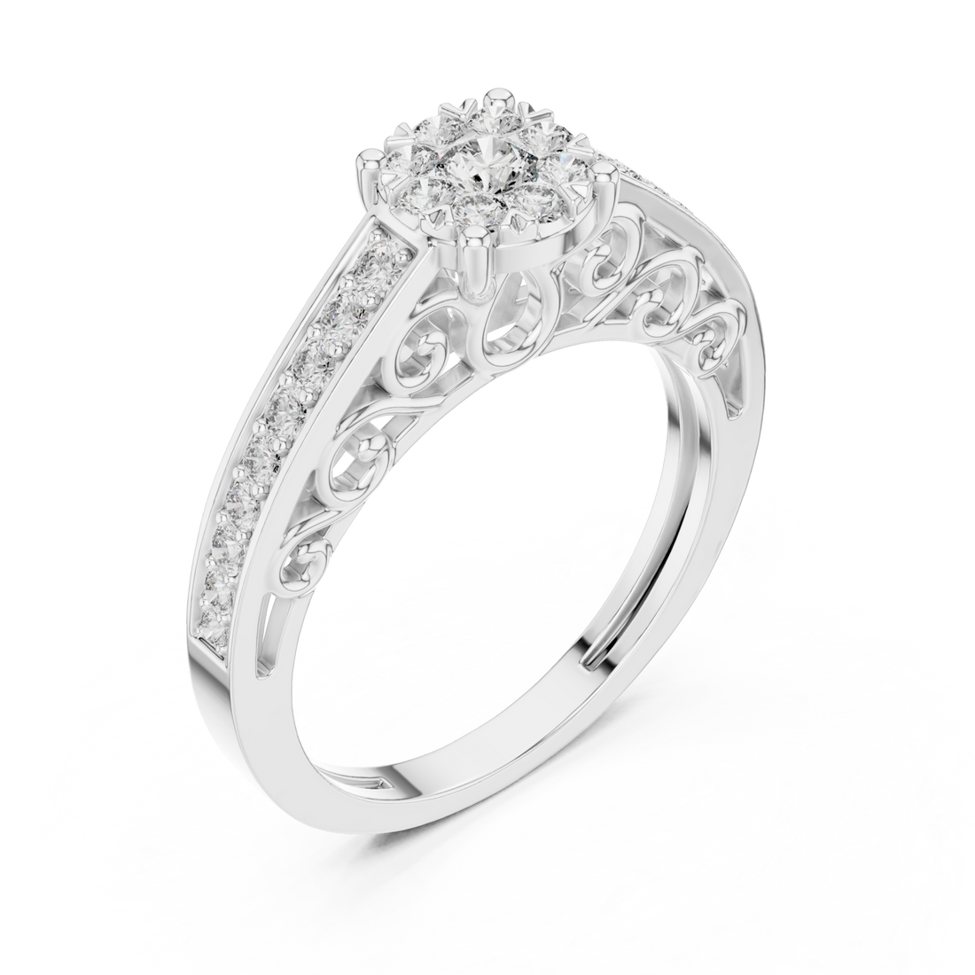 Filigree scroll diamond cluster ring white gold front view