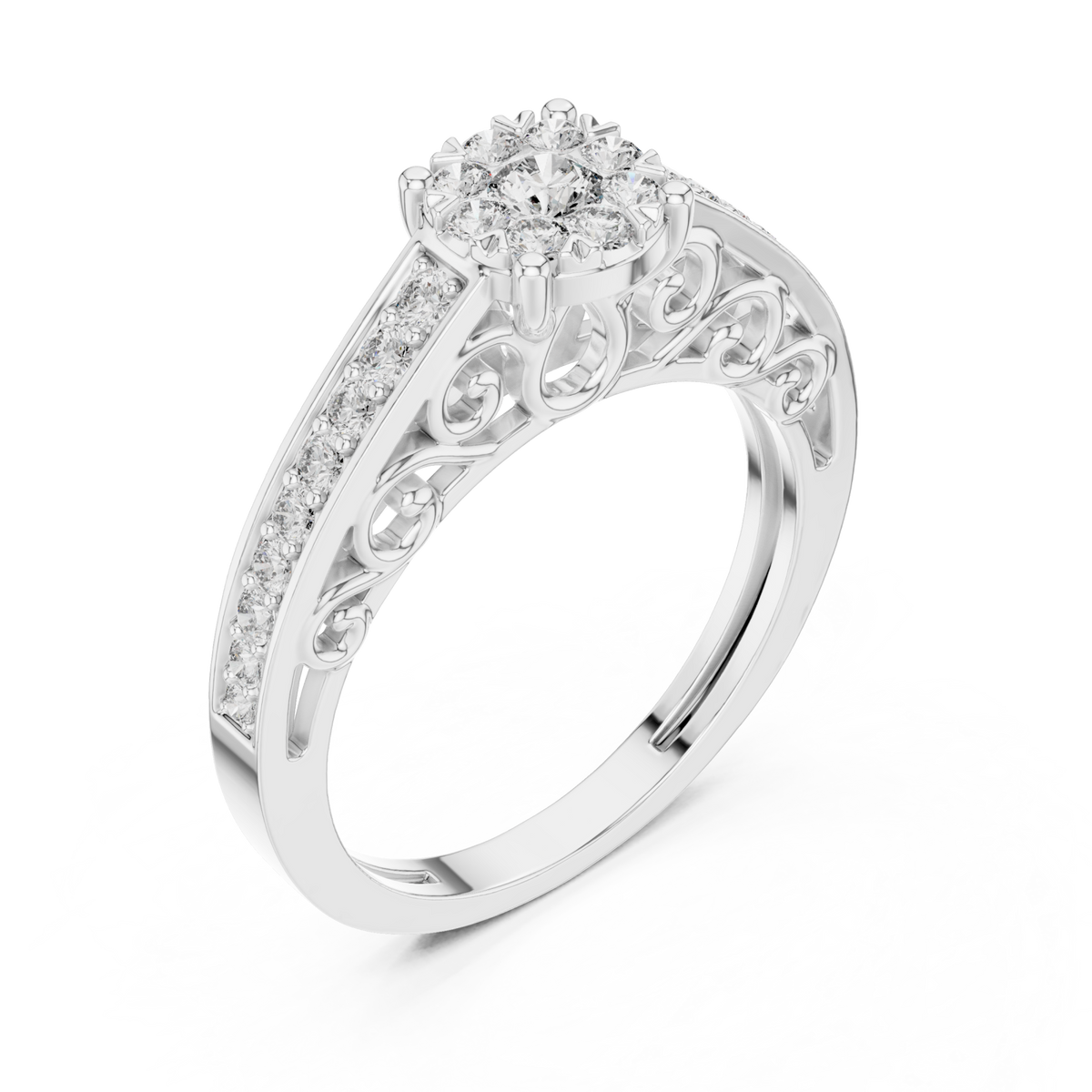 Filigree scroll diamond cluster ring white gold front view
