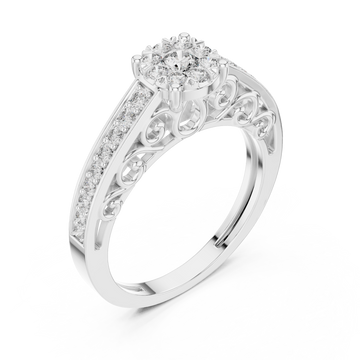 Filigree scroll diamond cluster ring white gold front view