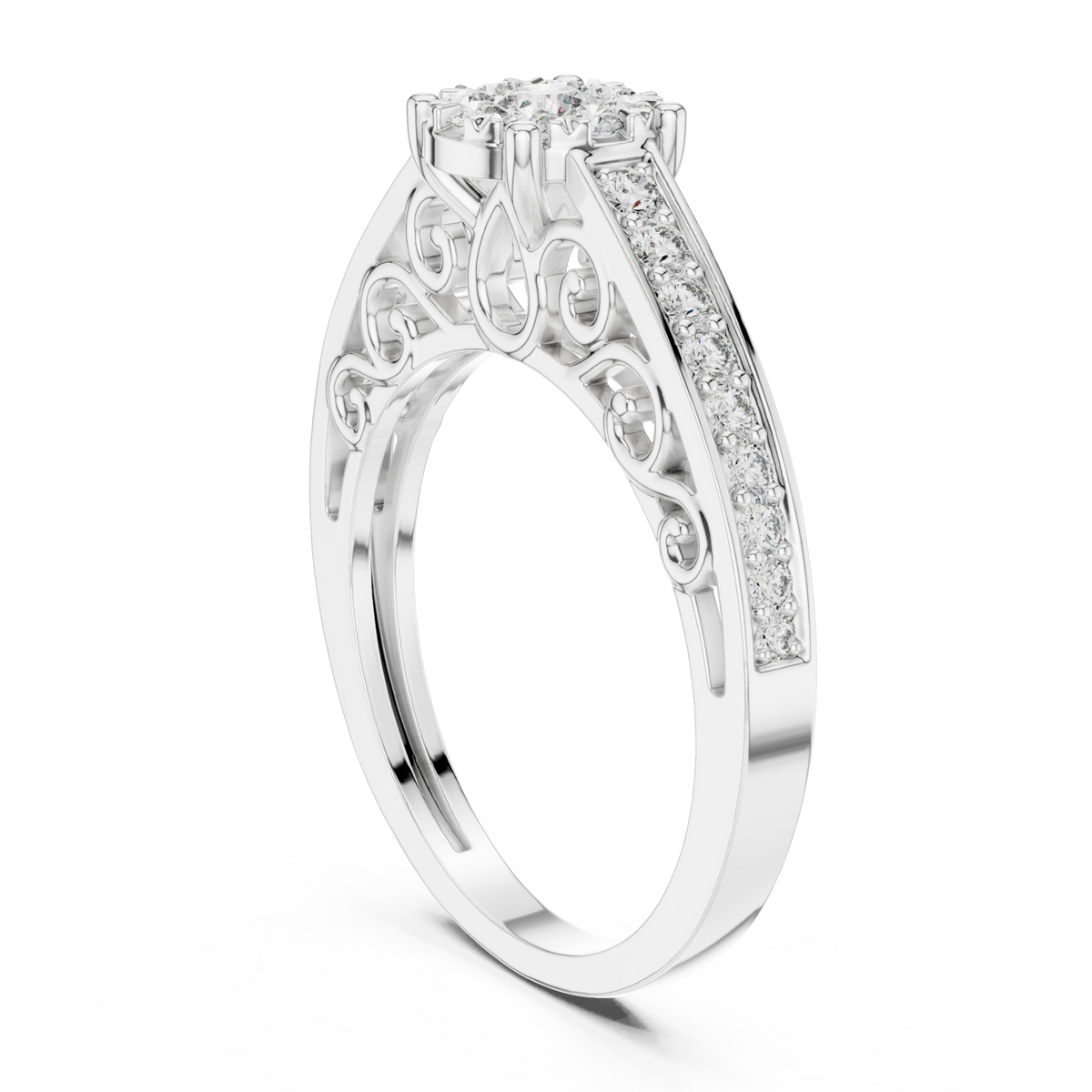 Filigree scroll diamond cluster ring white gold side view