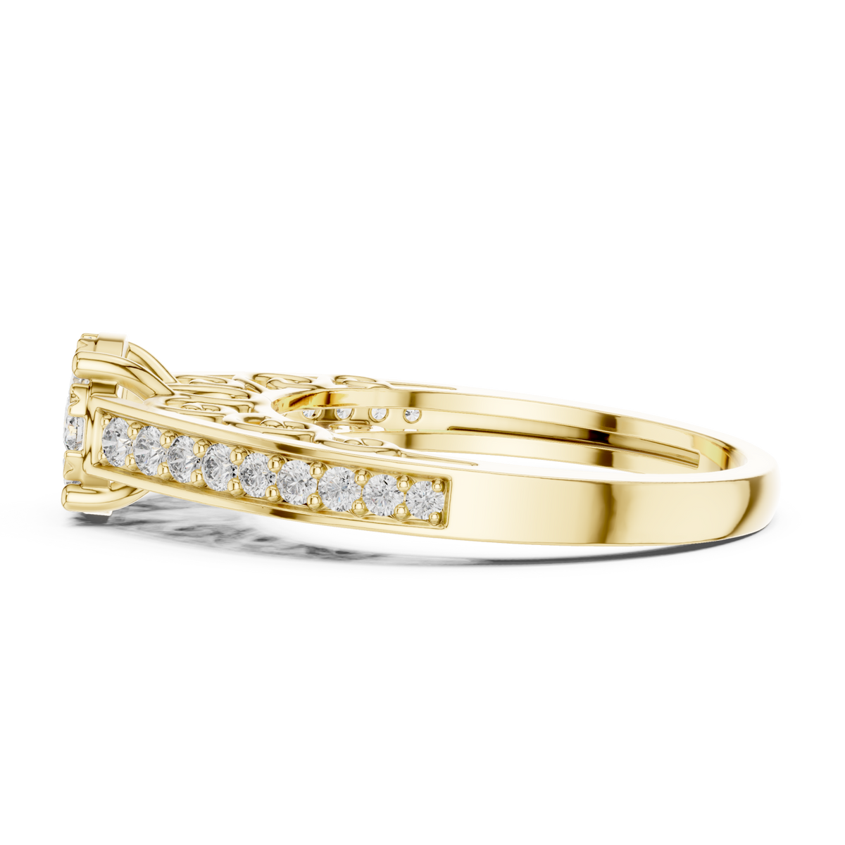 Filigree scroll diamond cluster ring yellow gold angle view