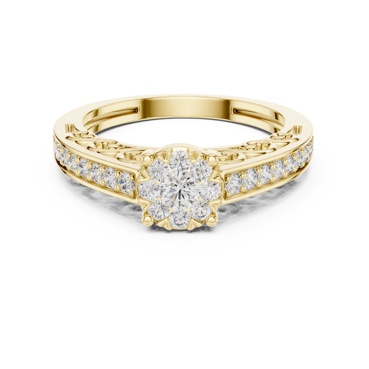 Filigree scroll diamond cluster ring yellow gold detail view