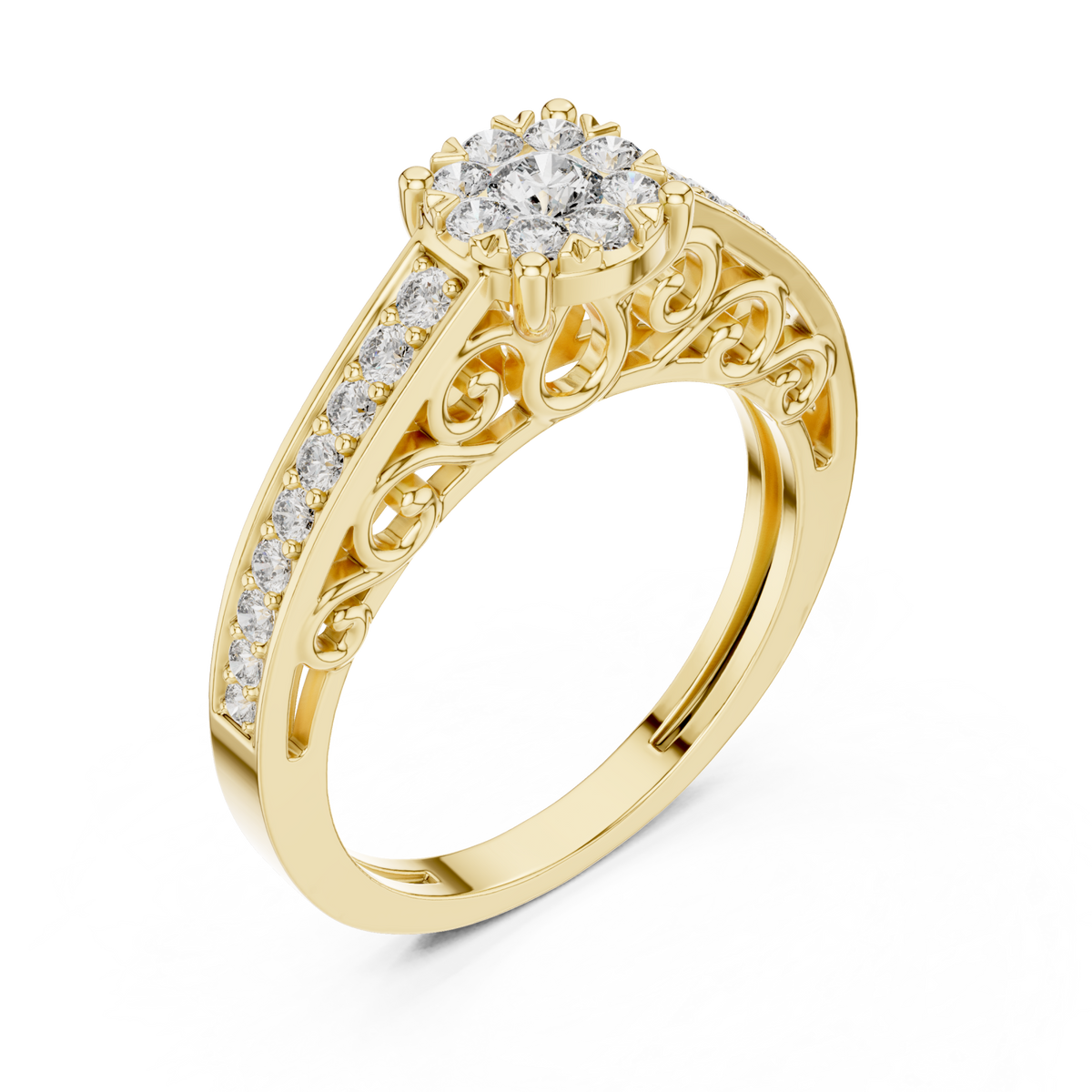 Filigree scroll diamond cluster ring yellow gold front view