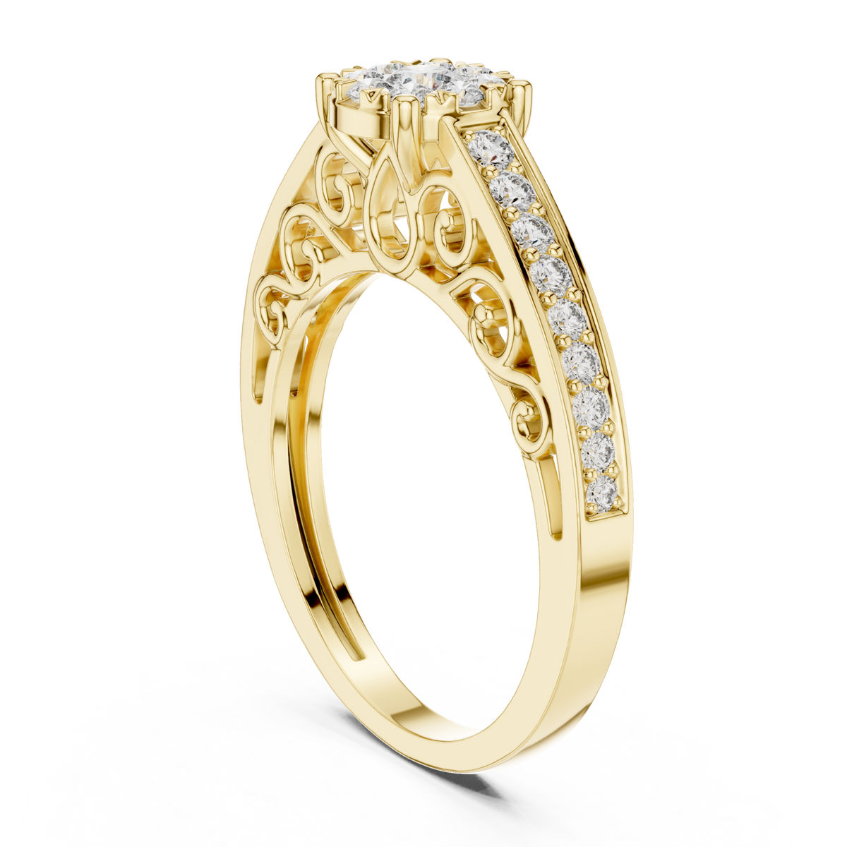 Filigree scroll diamond cluster ring yellow gold side view
