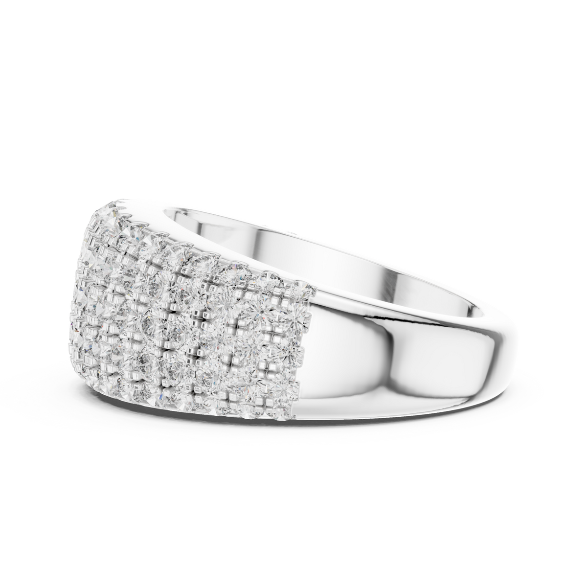 Five-row round dome half band white gold angle view