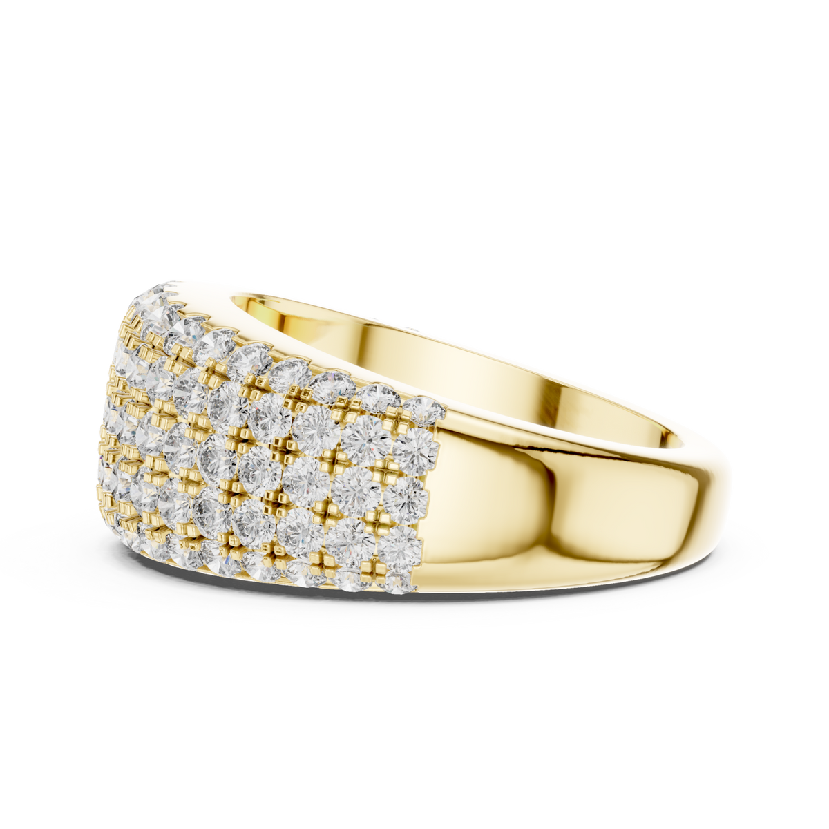 Five-row round dome half band yellow gold angle view