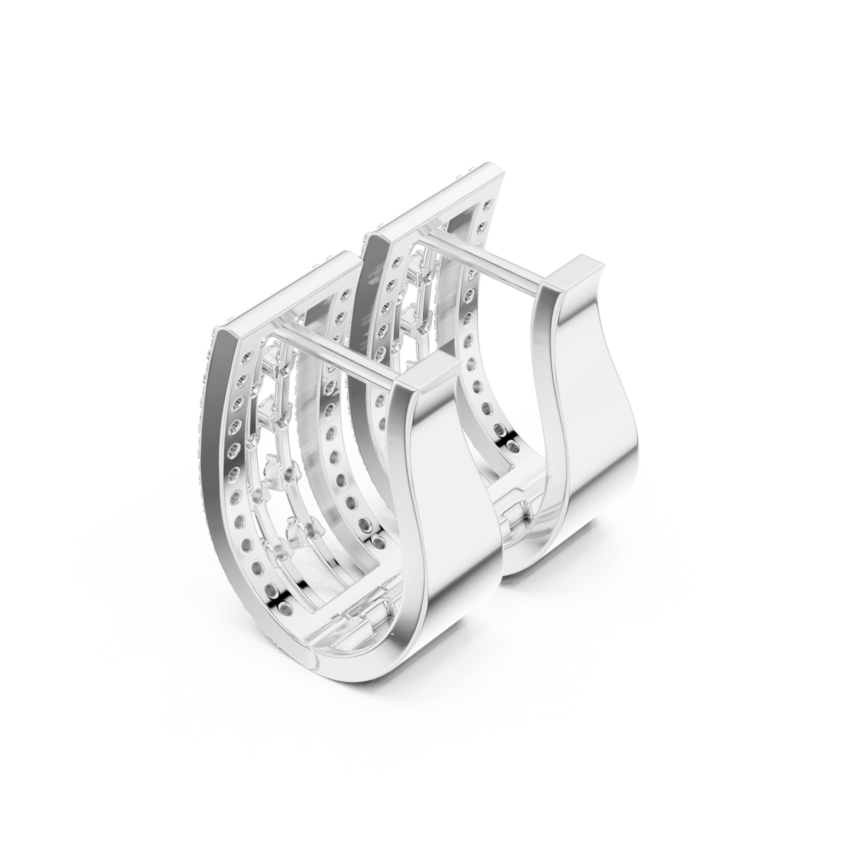  White Gold Floating Station Diamond Huggie Hoops Front View
