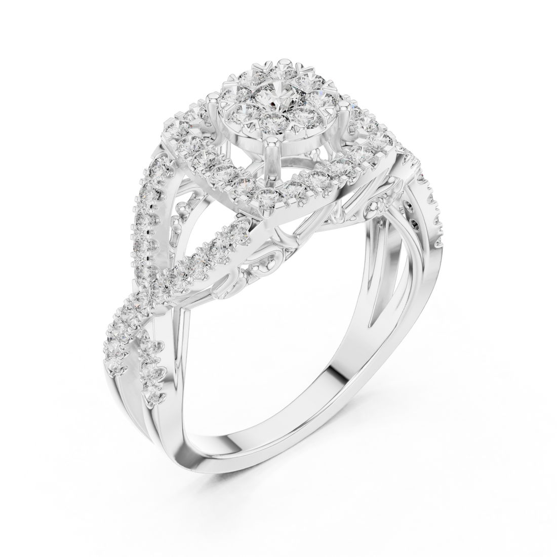Floral cluster interlace cocktail ring white gold front view